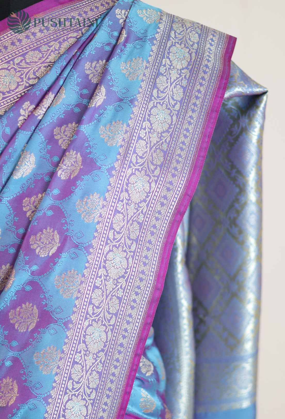 Sky Blue Mashru Katan Silk Saree with Rangkat Concept