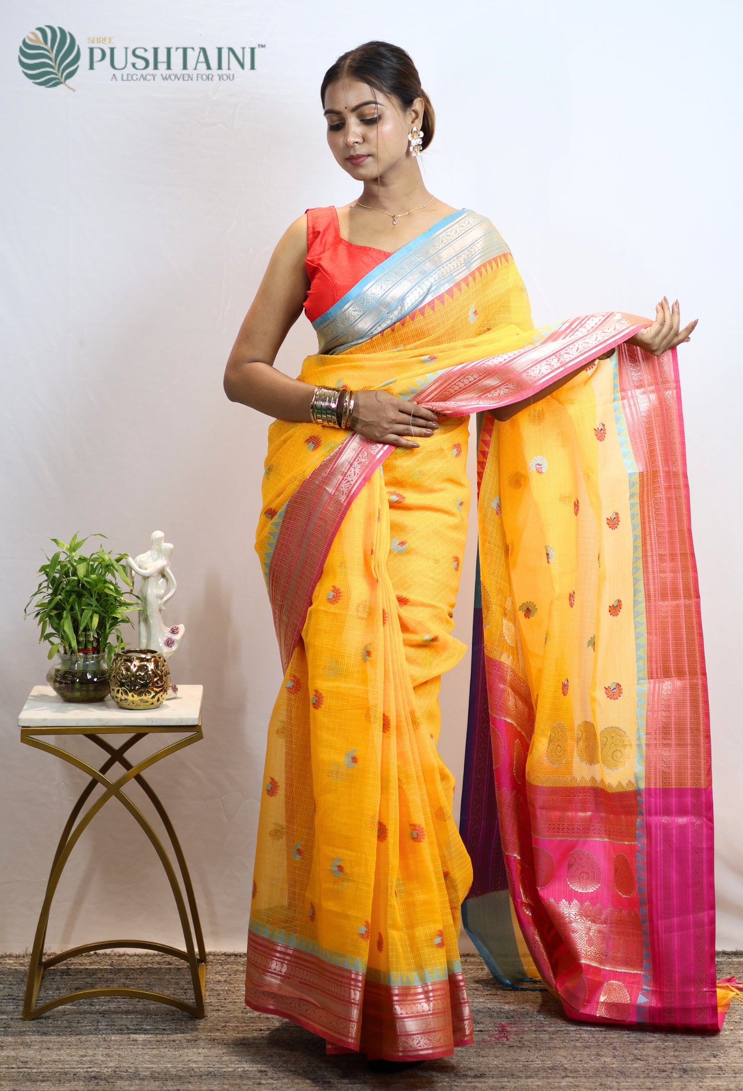 Yellow Gold Kota Doria Saree with Anchal Border work