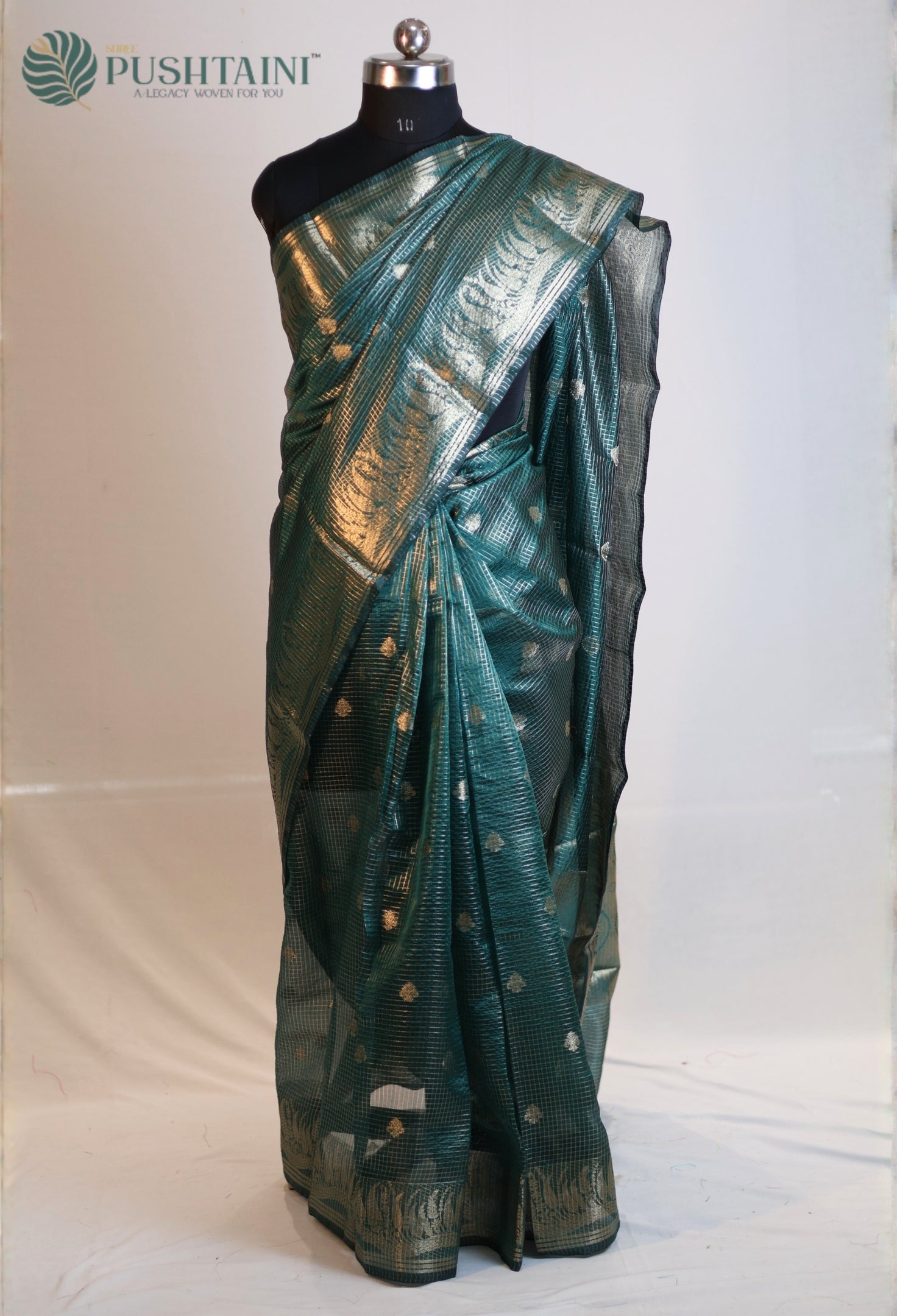 Bottle Green Art Silk Saree with Metallic Gold Zari Check