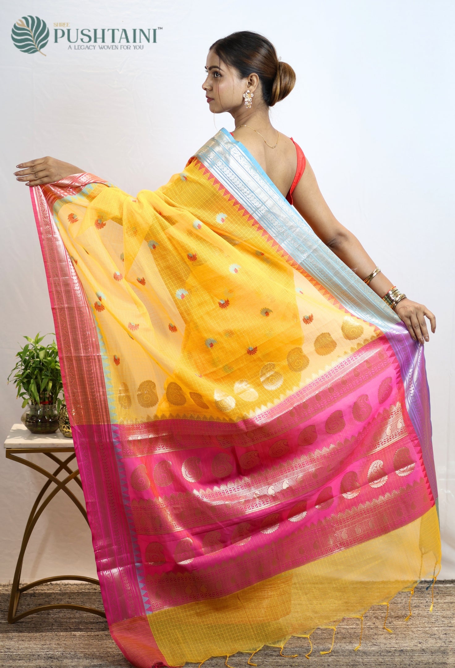 Yellow Gold Kota Doria Saree with Anchal Border work