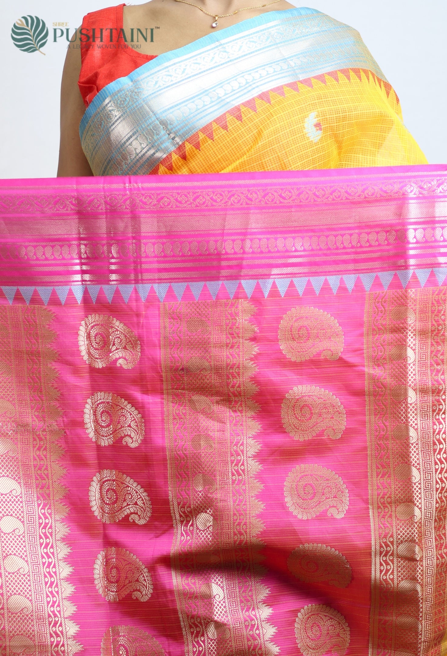 Yellow Gold Kota Doria Saree with Anchal Border work