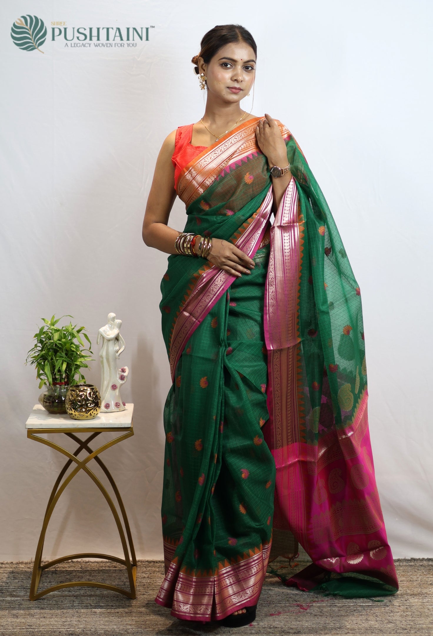 Bottle Green Kota Doria Saree with Anchal Border work