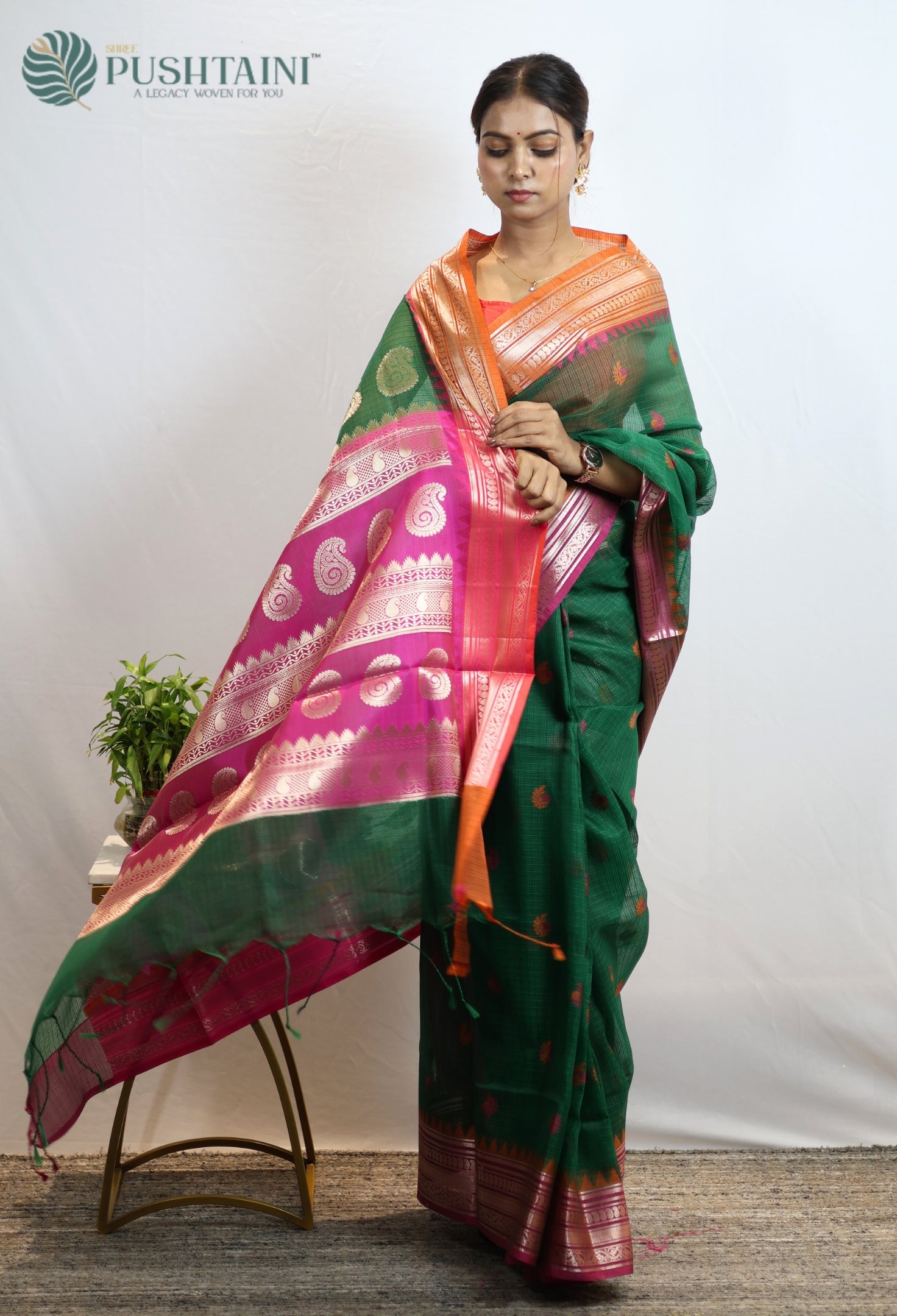 Bottle Green Kota Doria Saree with Anchal Border work