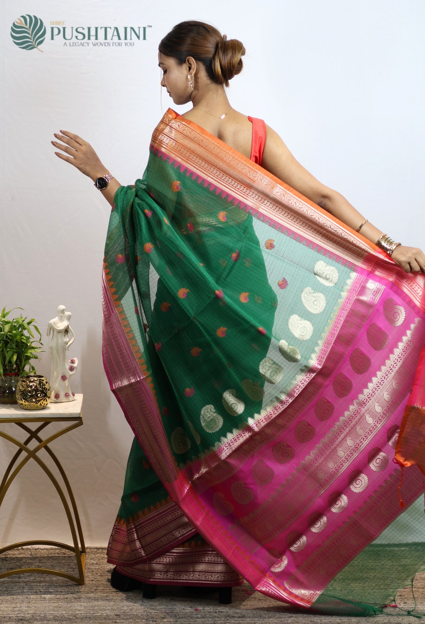 Bottle Green Kota Doria Saree with Anchal Border work
