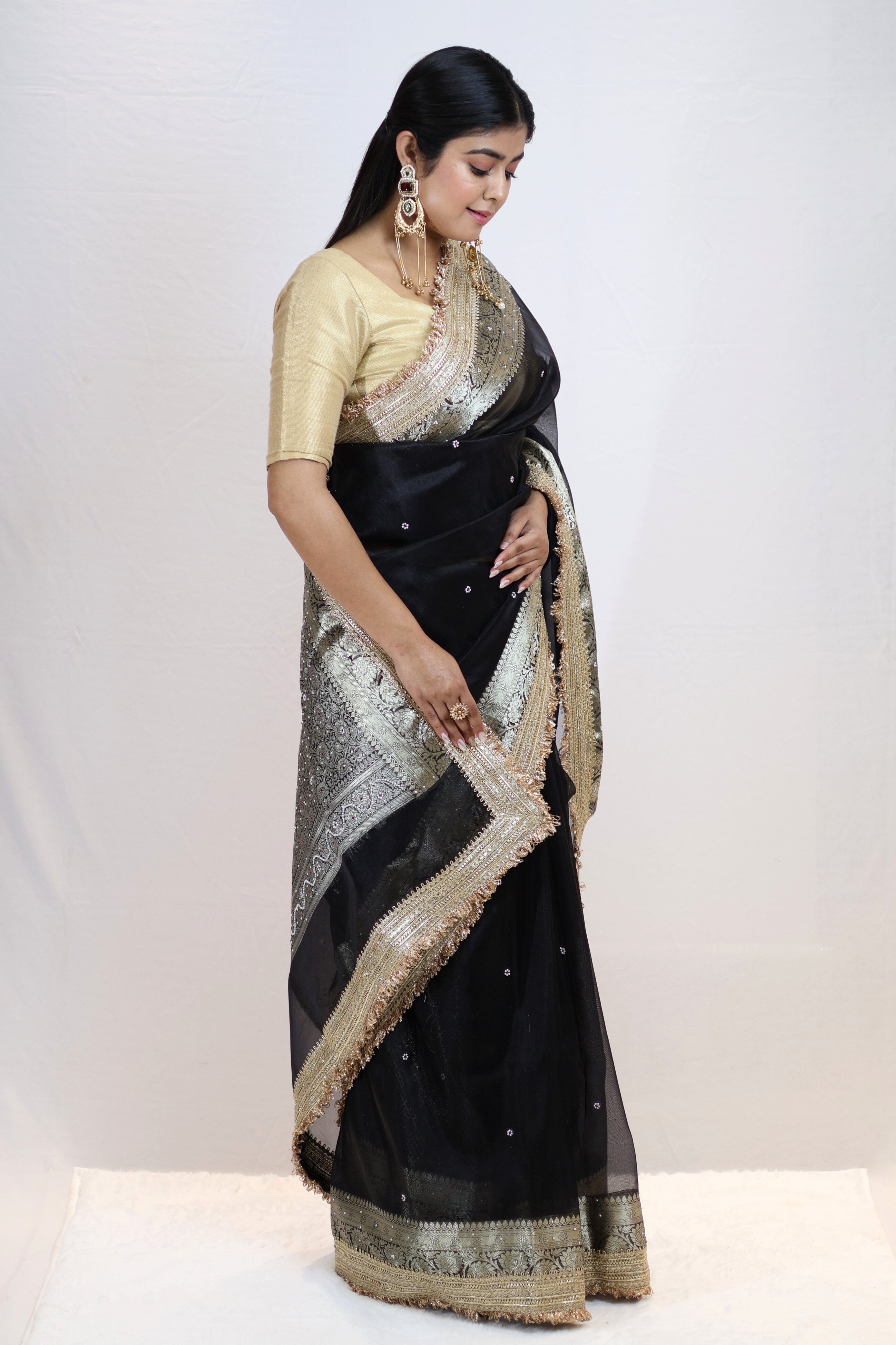 Premium Black Tissue Silk Saree with Stone Work & Double Lace