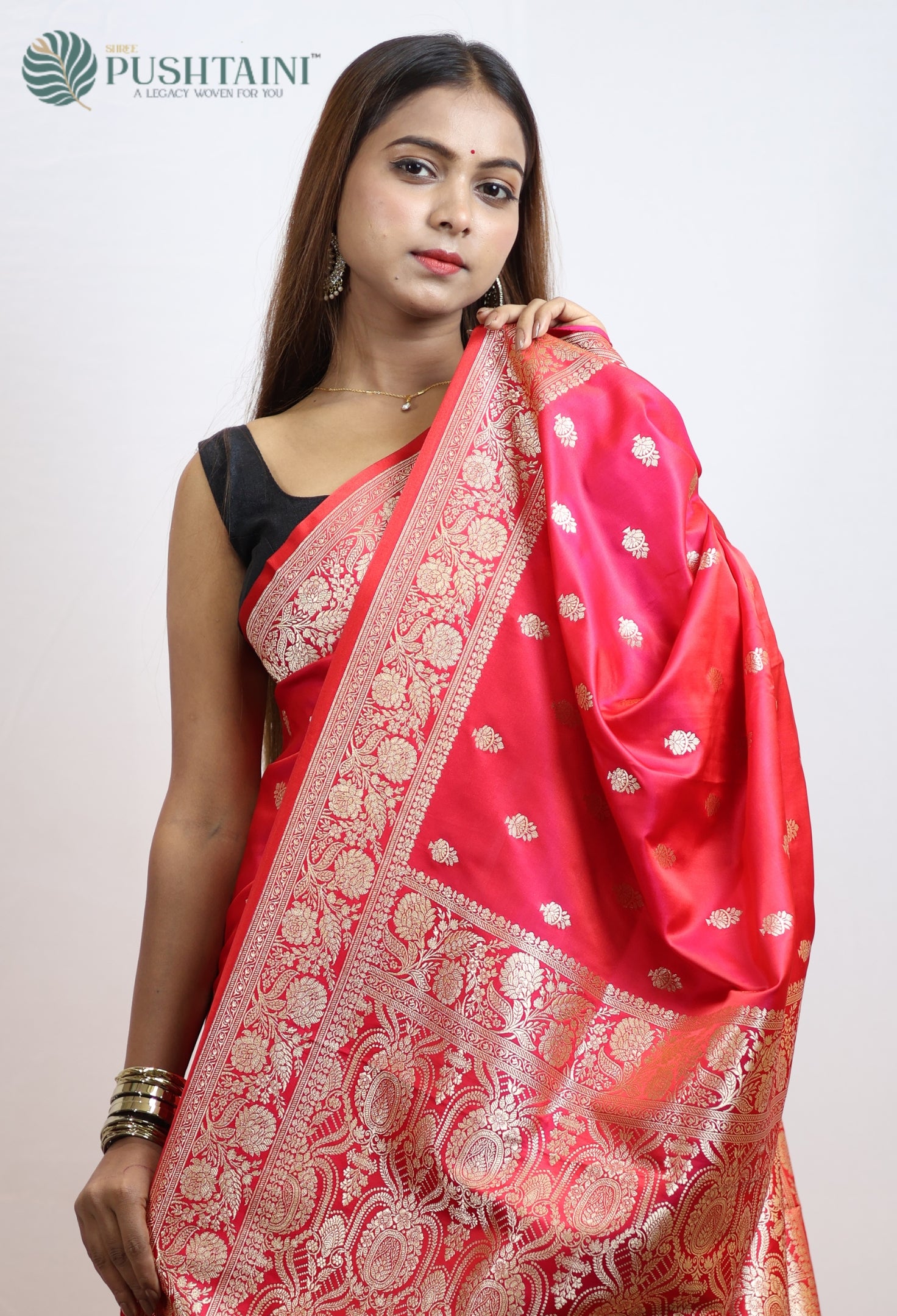 Red Semi Mashru Silk Saree with Allover Buti Zari work