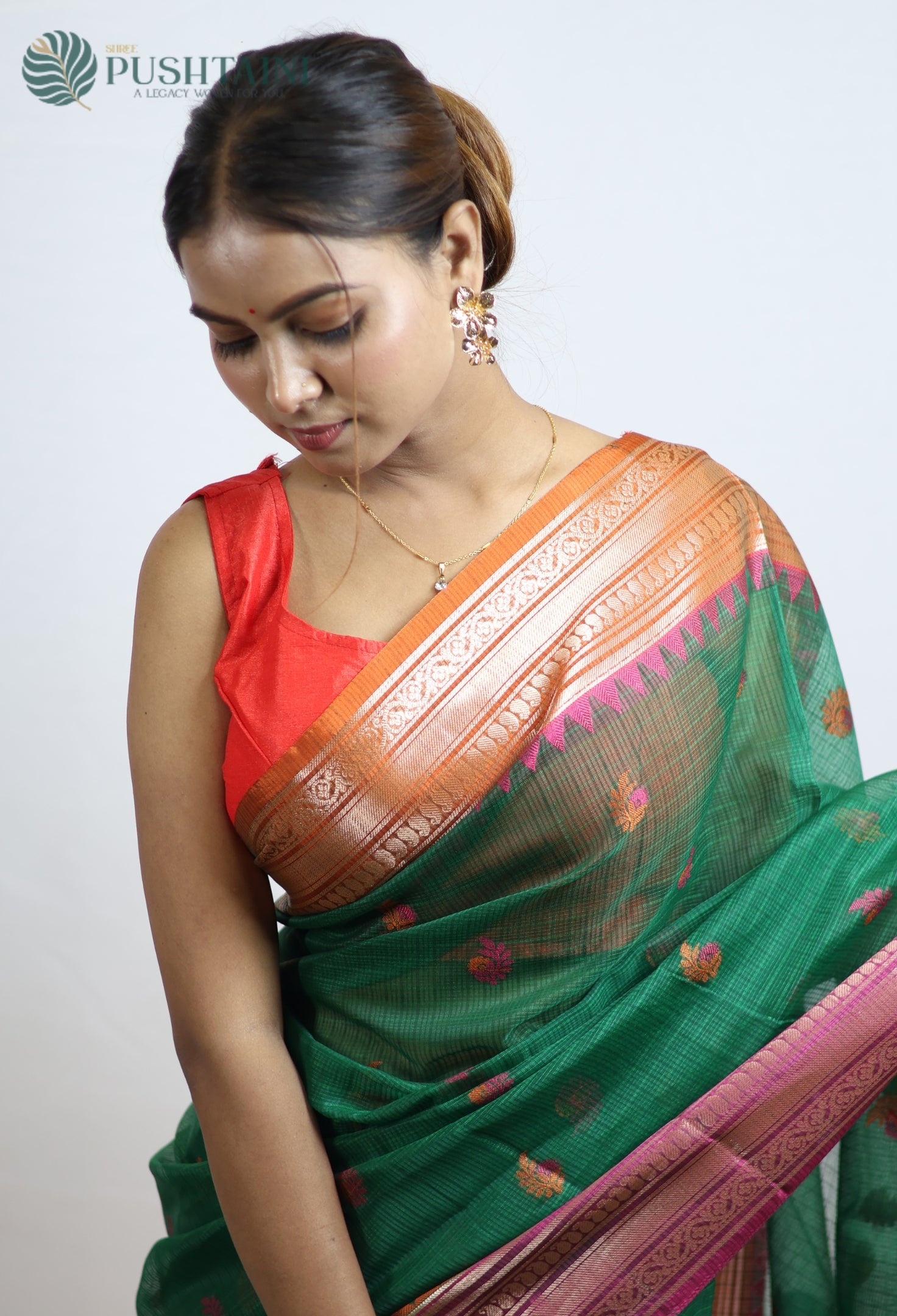 Bottle Green Kota Doria Saree with Anchal Border work