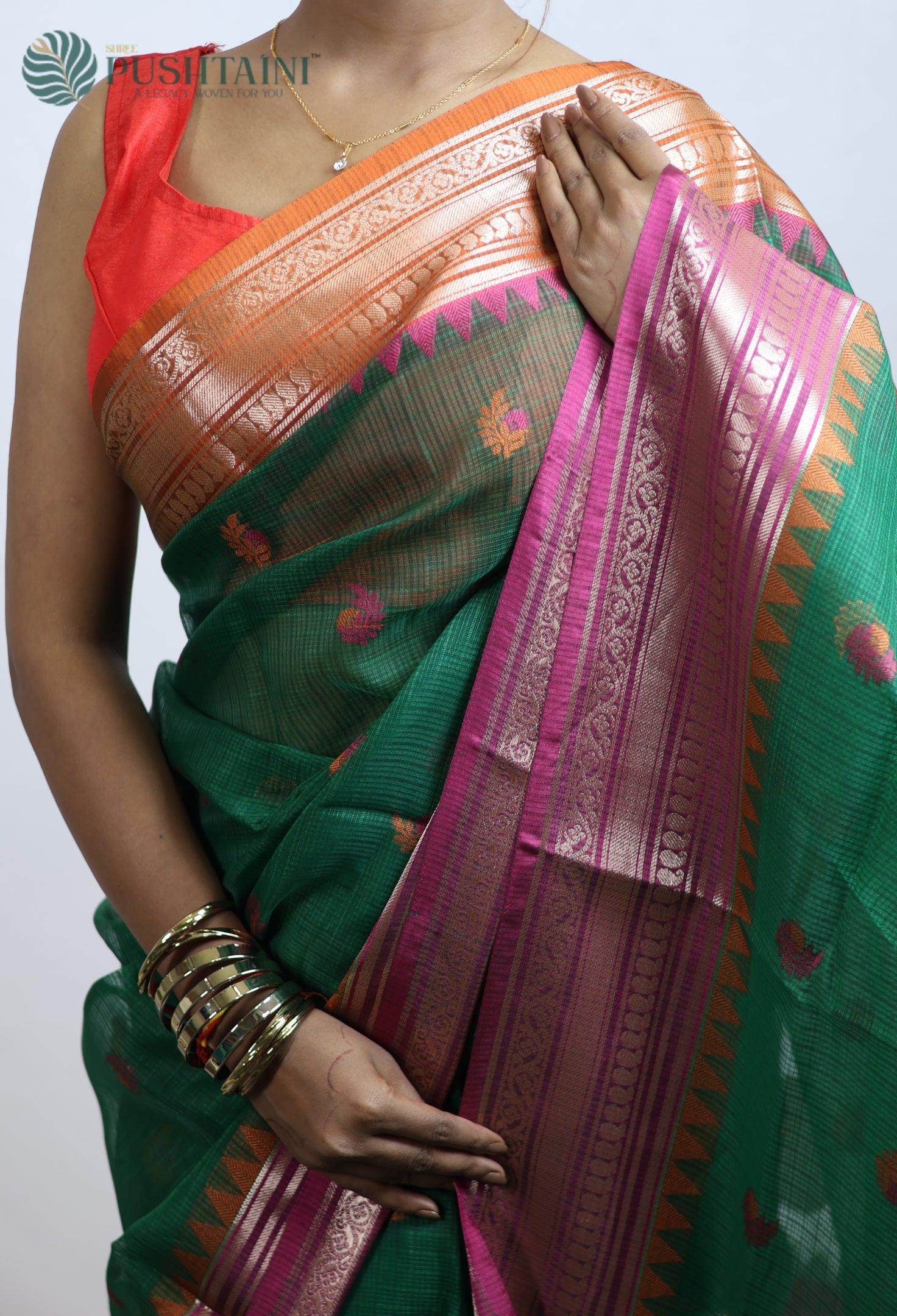 Bottle Green Kota Doria Saree with Anchal Border work