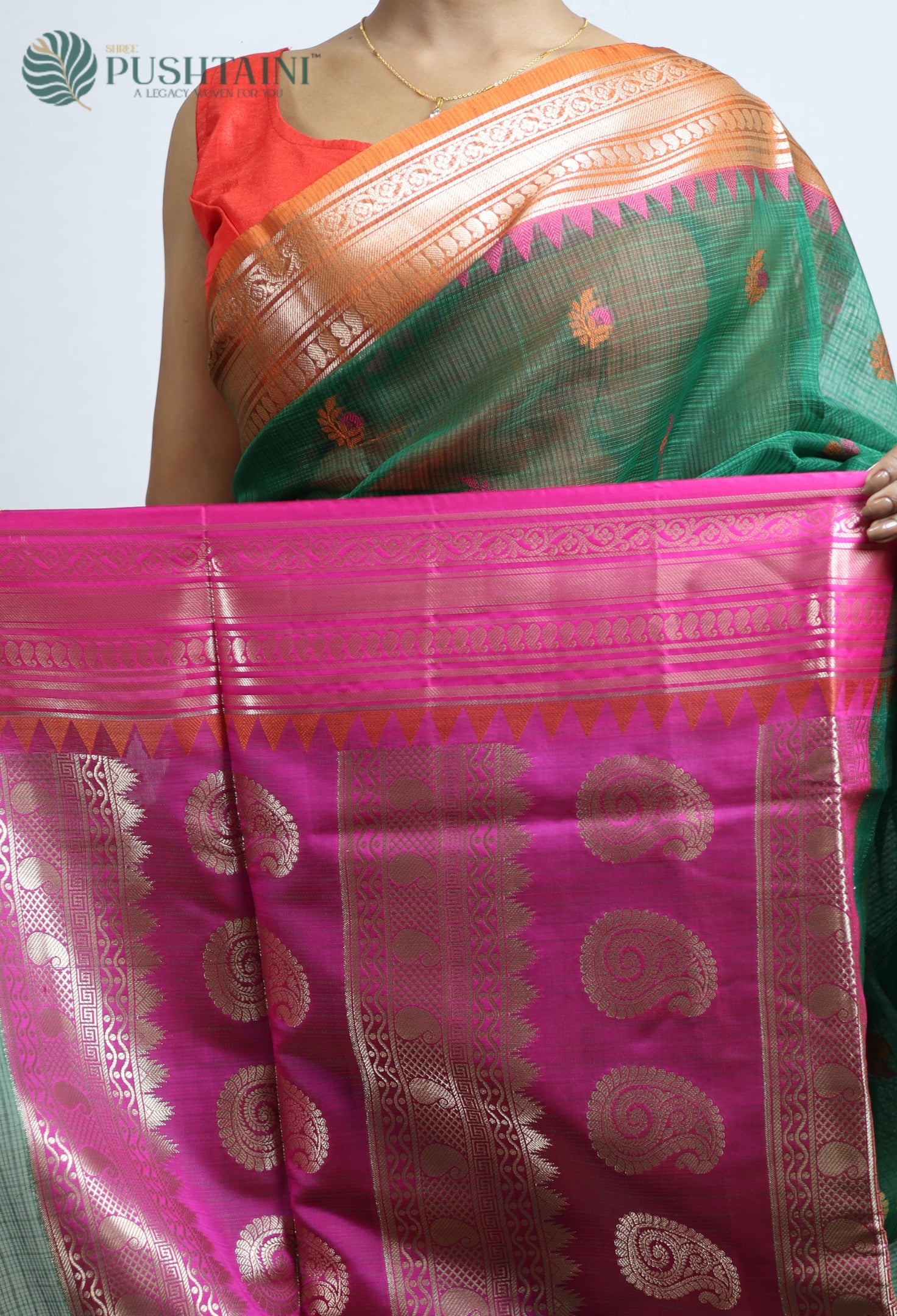 Bottle Green Kota Doria Saree with Anchal Border work