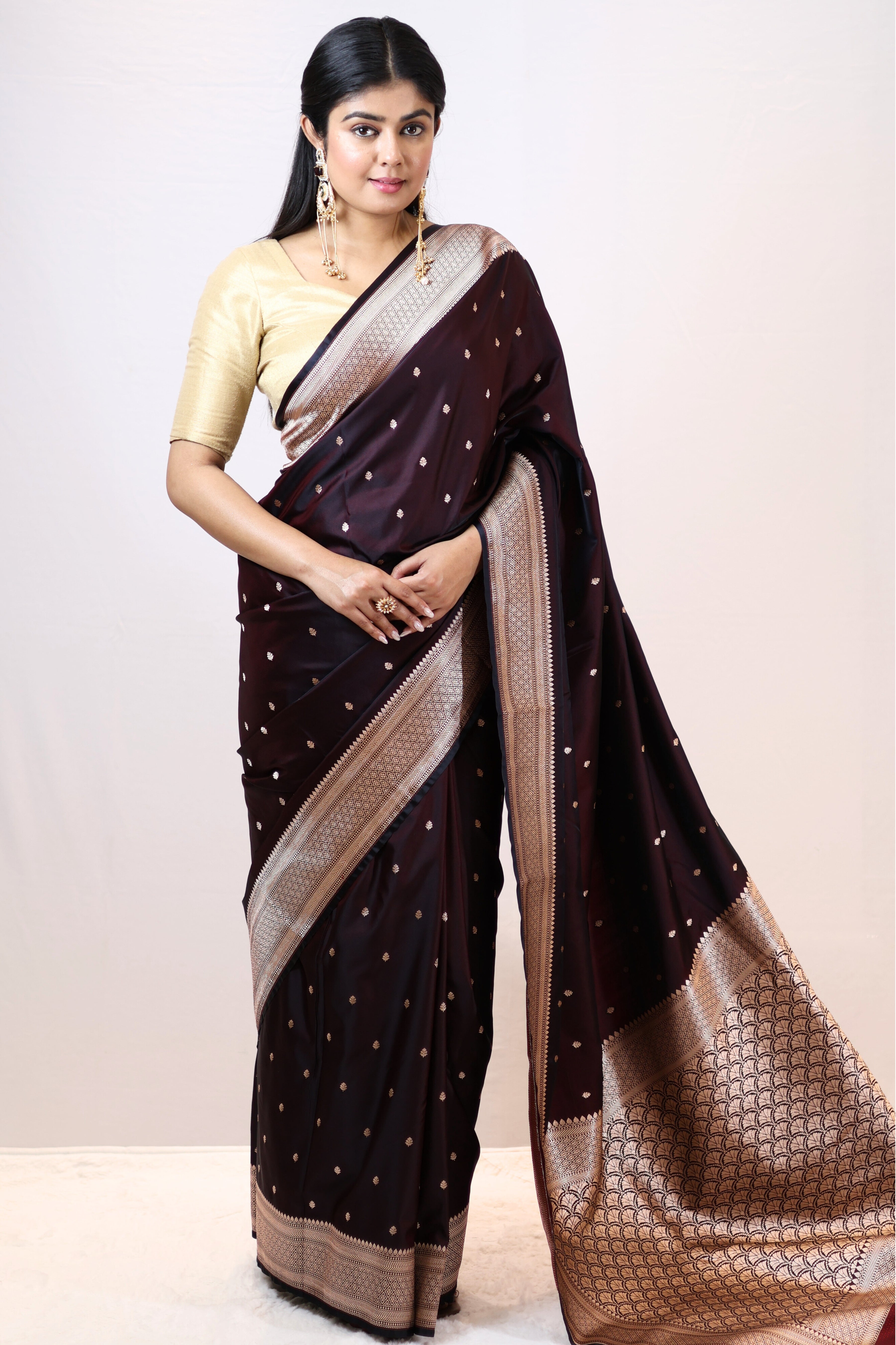 Luxury Black Mashru Silk Saree with Elegant Drape