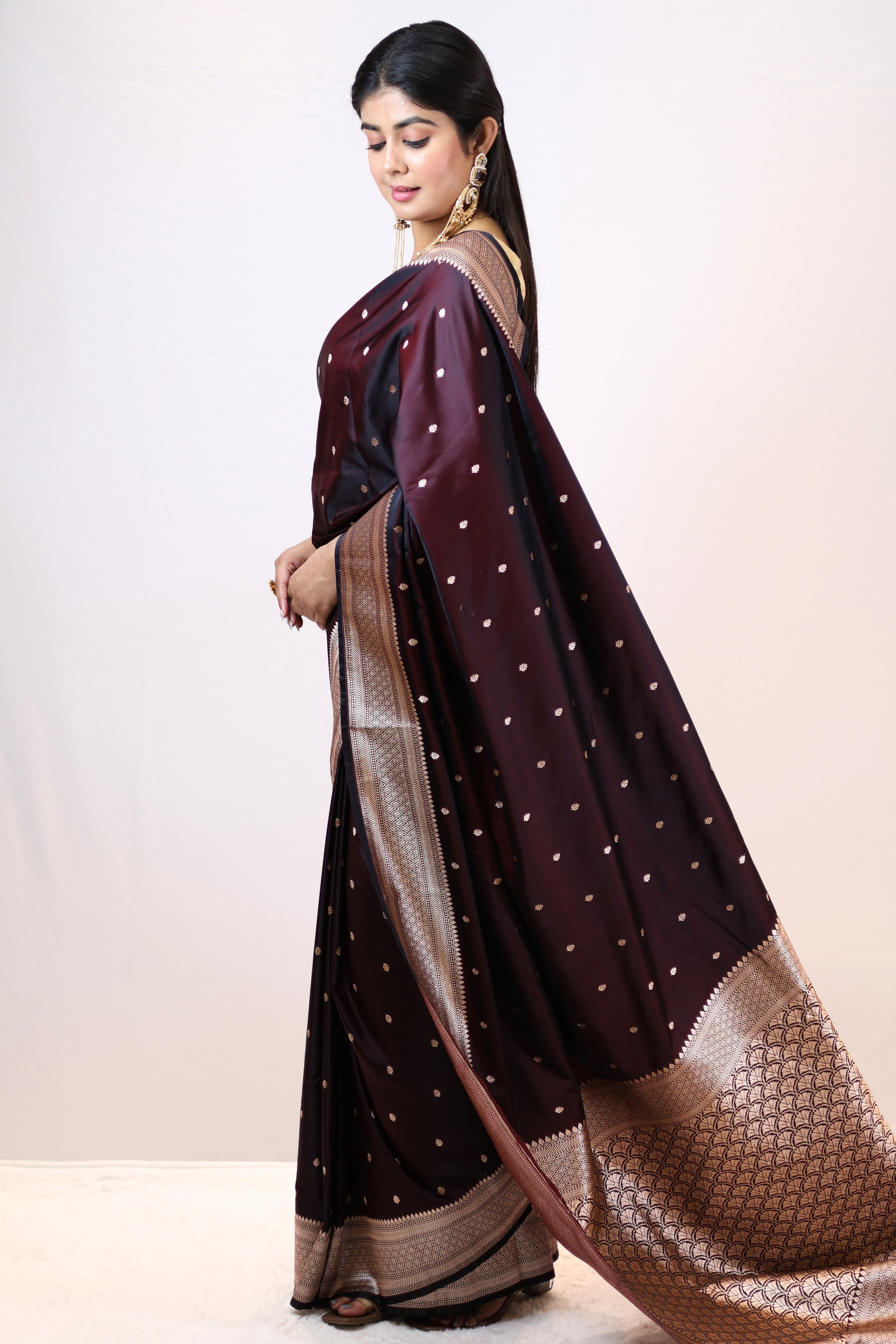 Luxury Black Mashru Silk Saree with Elegant Drape