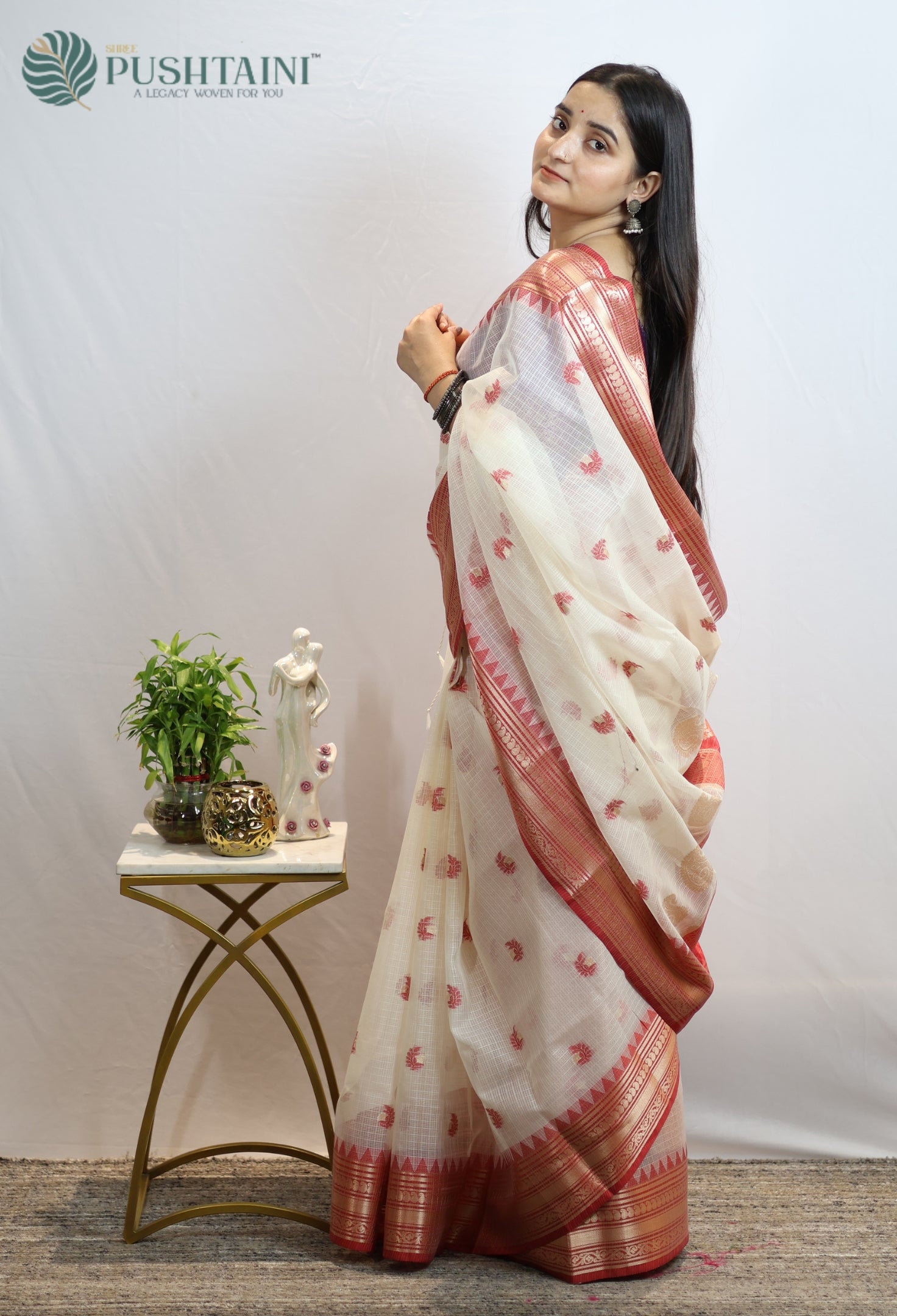 Full White Kota Doria Saree with Anchal Border work