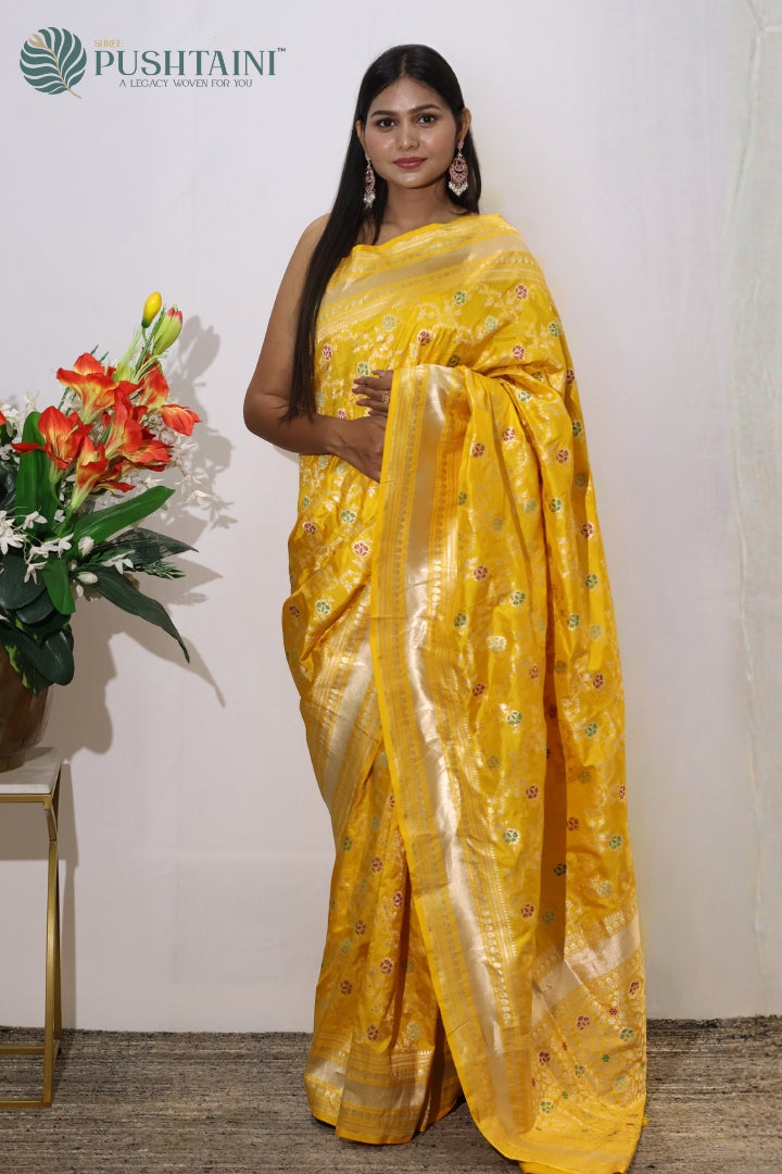 Radiant Yellow Banarasi Pure Katan Silk Saree with Meenakari Work