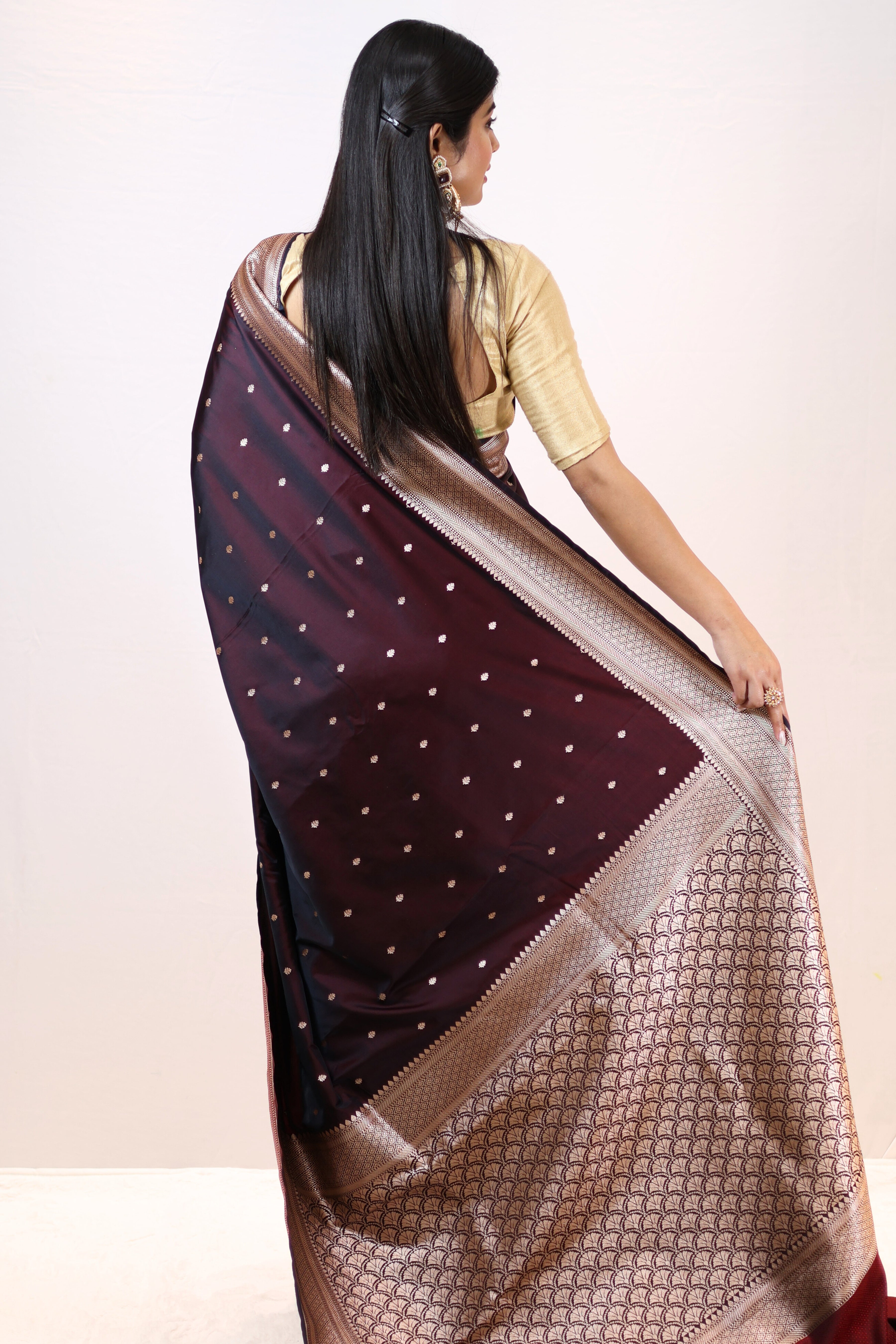 Luxury Black Mashru Silk Saree with Elegant Drape