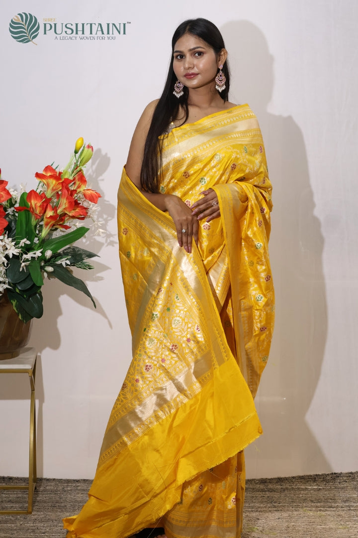 Radiant Yellow Banarasi Pure Katan Silk Saree with Meenakari Work