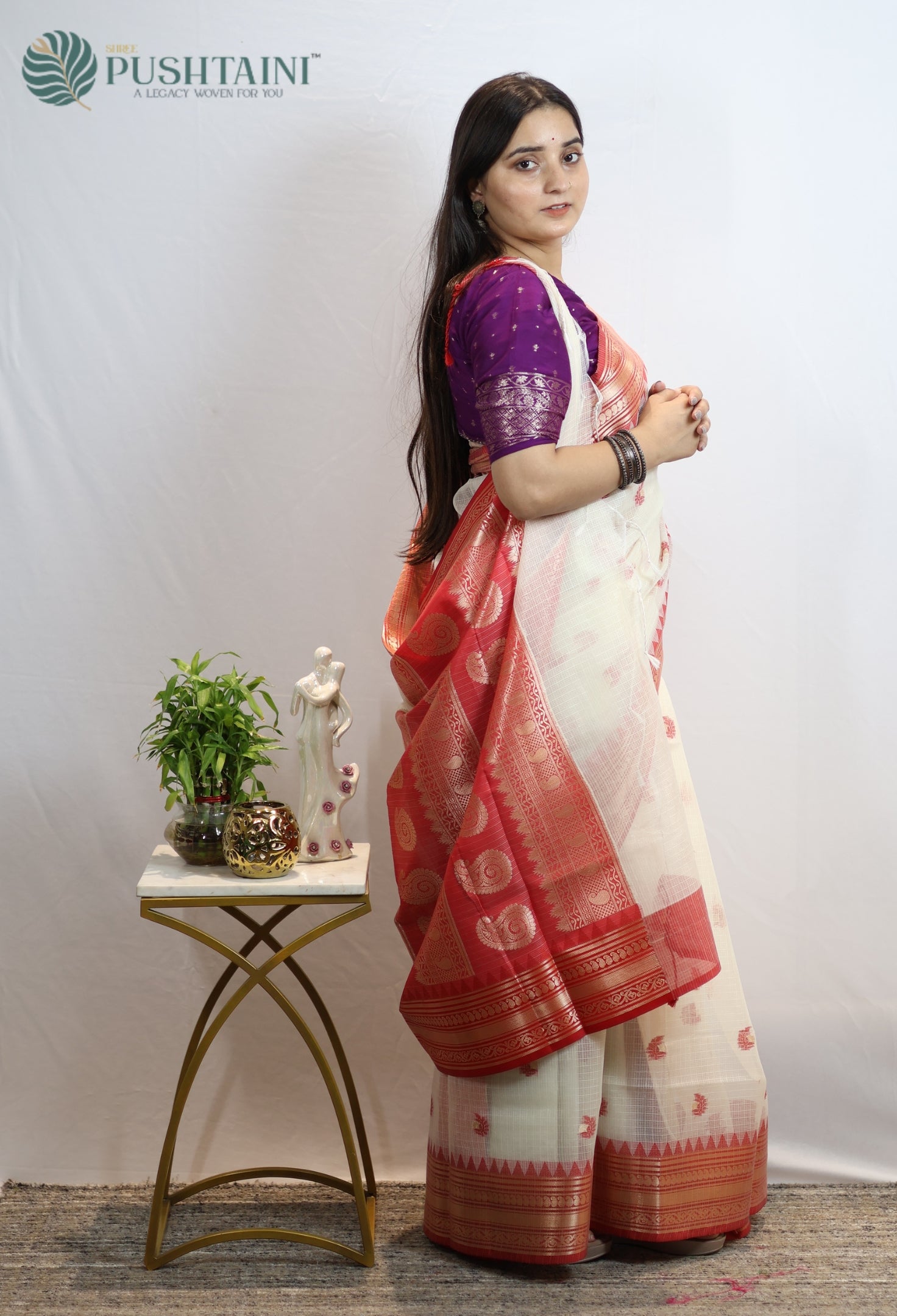 Full White Kota Doria Saree with Anchal Border work