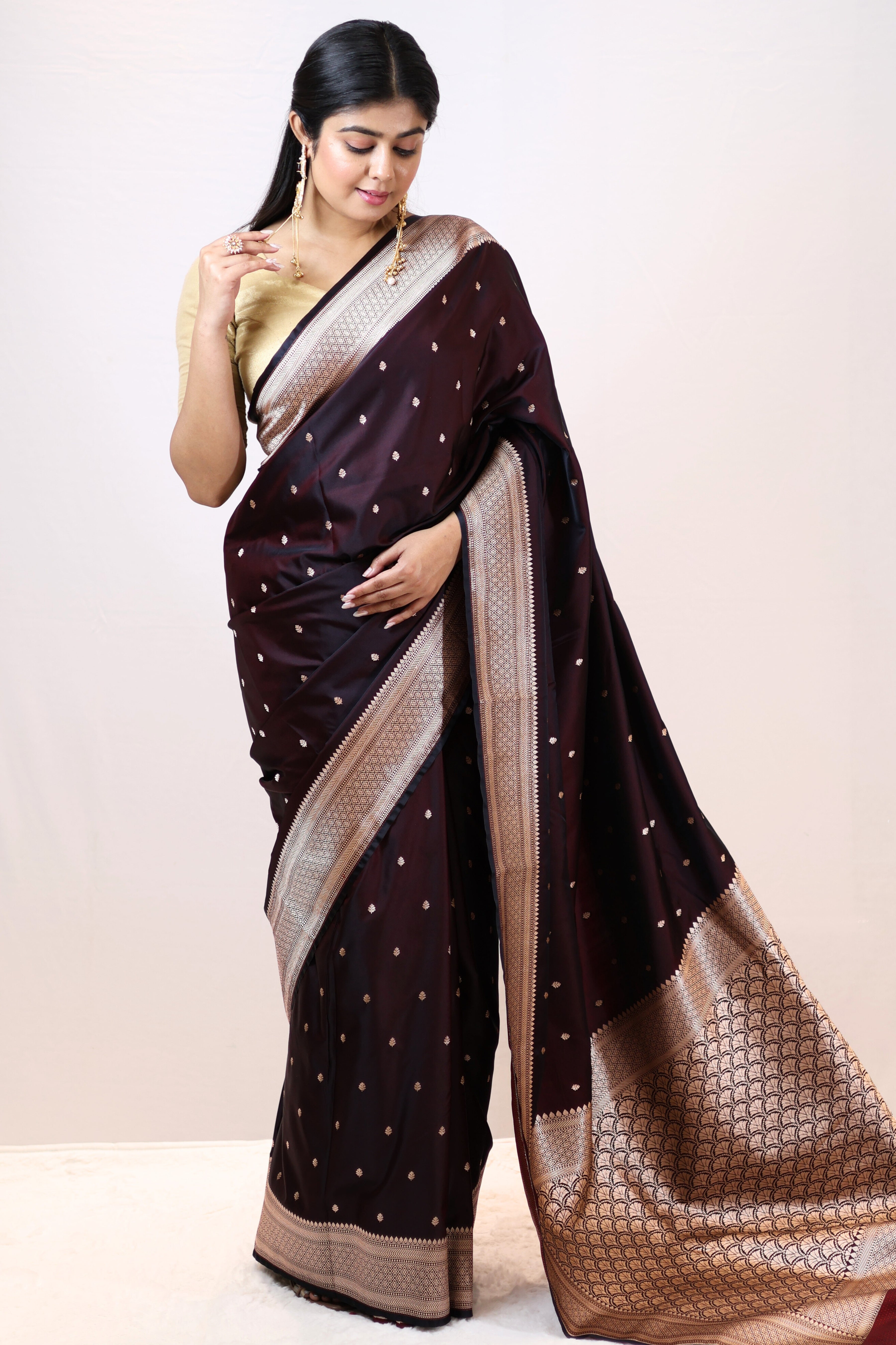 Luxury Black Mashru Silk Saree with Elegant Drape