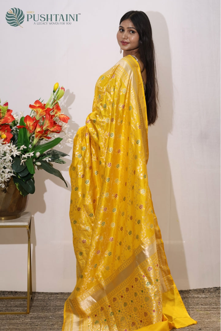 Radiant Yellow Banarasi Pure Katan Silk Saree with Meenakari Work
