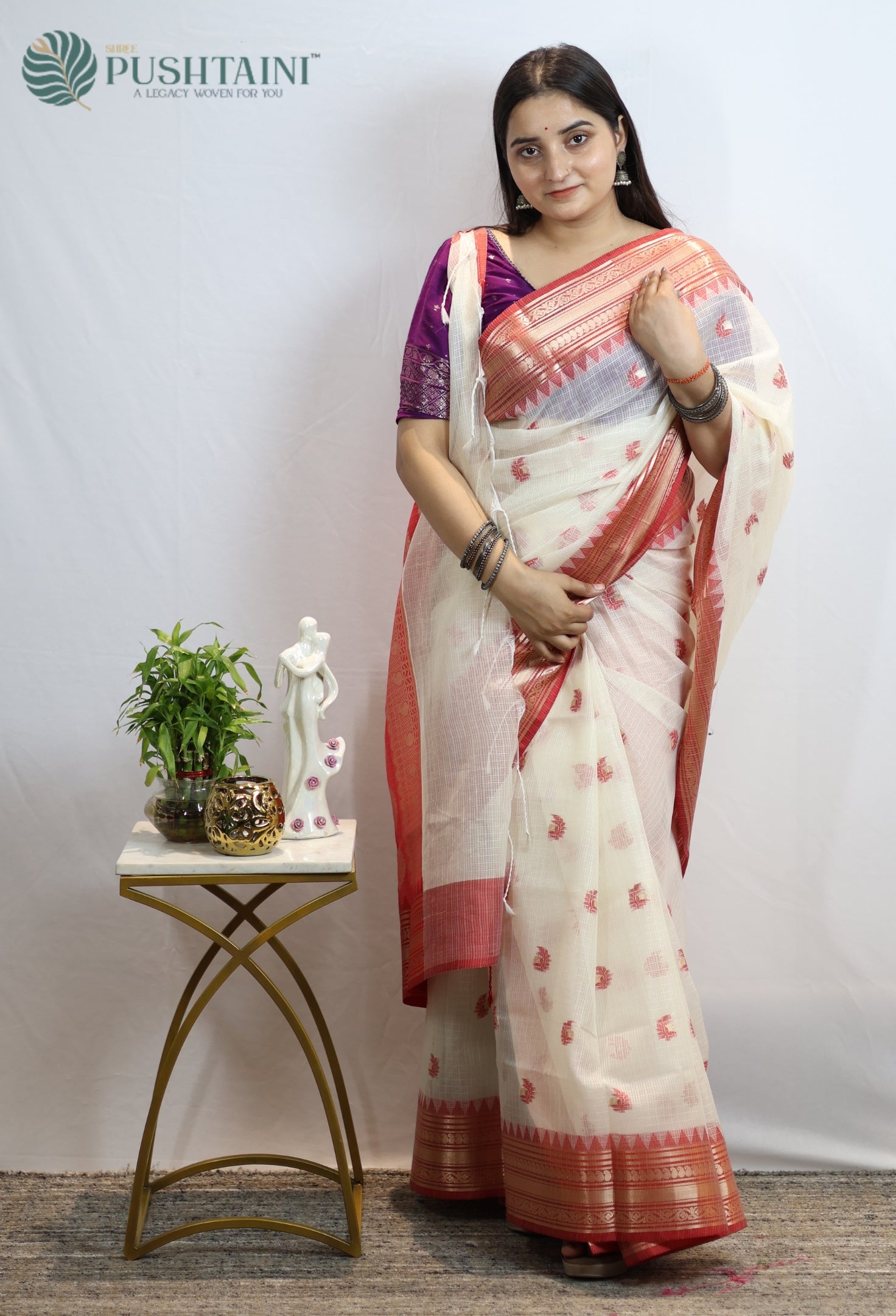 Full White Kota Doria Saree with Anchal Border work