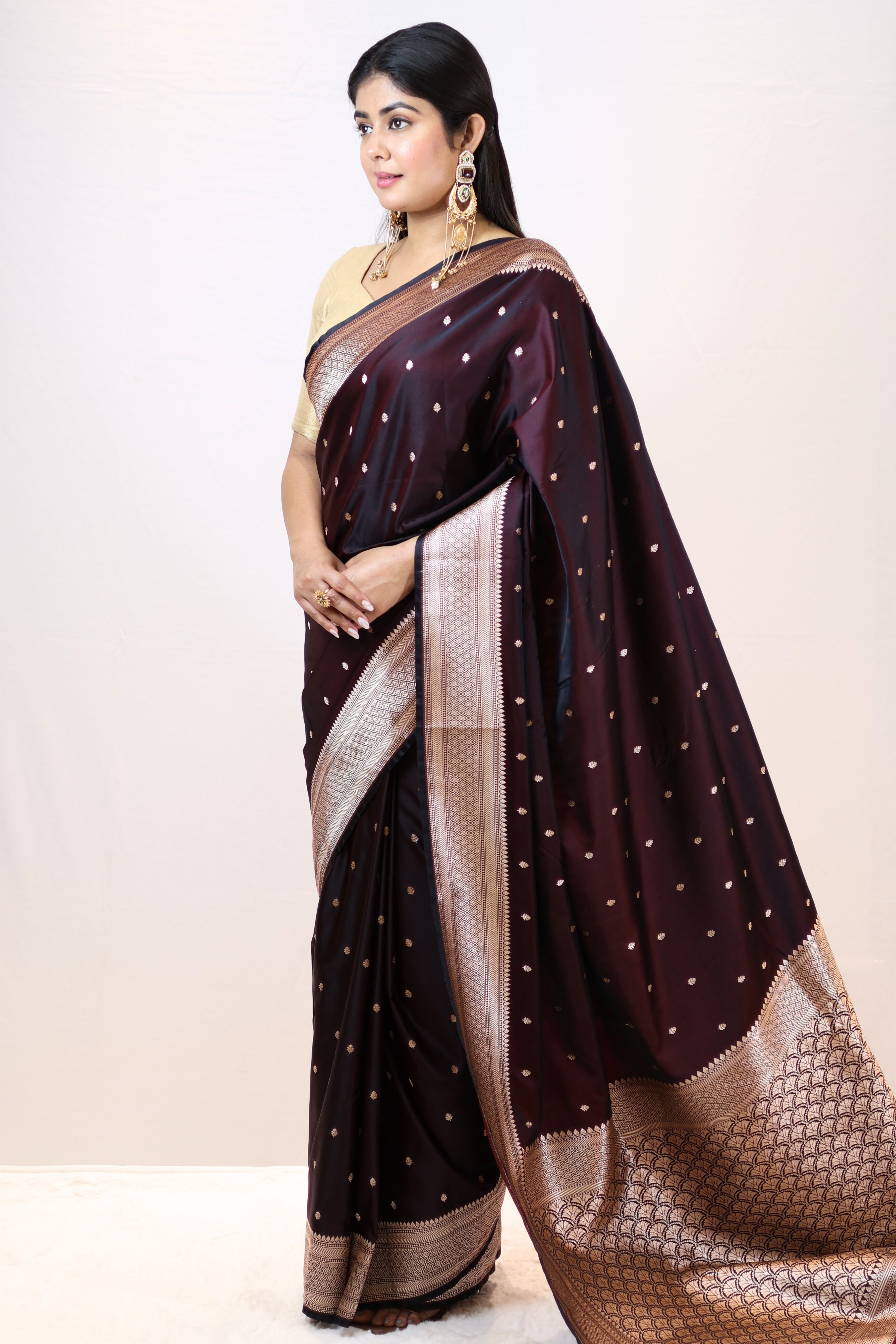 Luxury Black Mashru Silk Saree with Elegant Drape