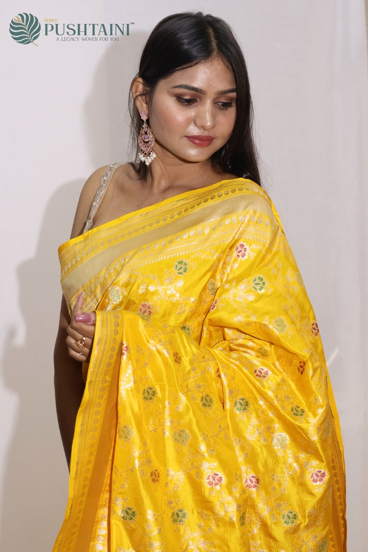 Radiant Yellow Banarasi Pure Katan Silk Saree with Meenakari Work