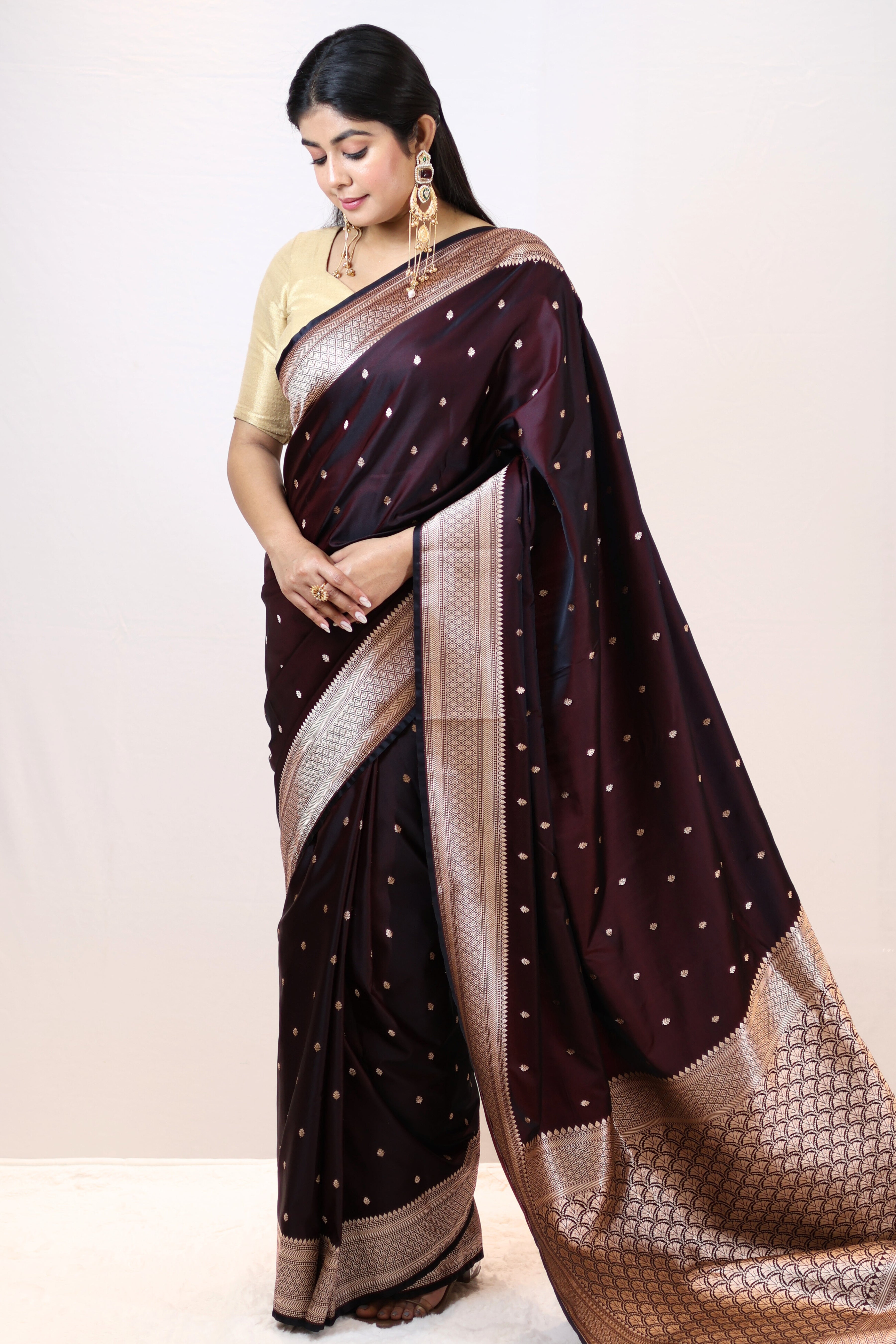 Luxury Black Mashru Silk Saree with Elegant Drape