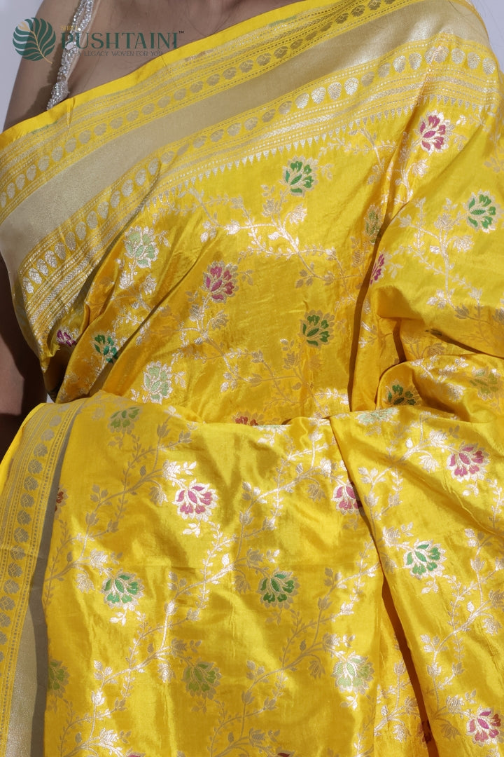 Radiant Yellow Banarasi Pure Katan Silk Saree with Meenakari Work