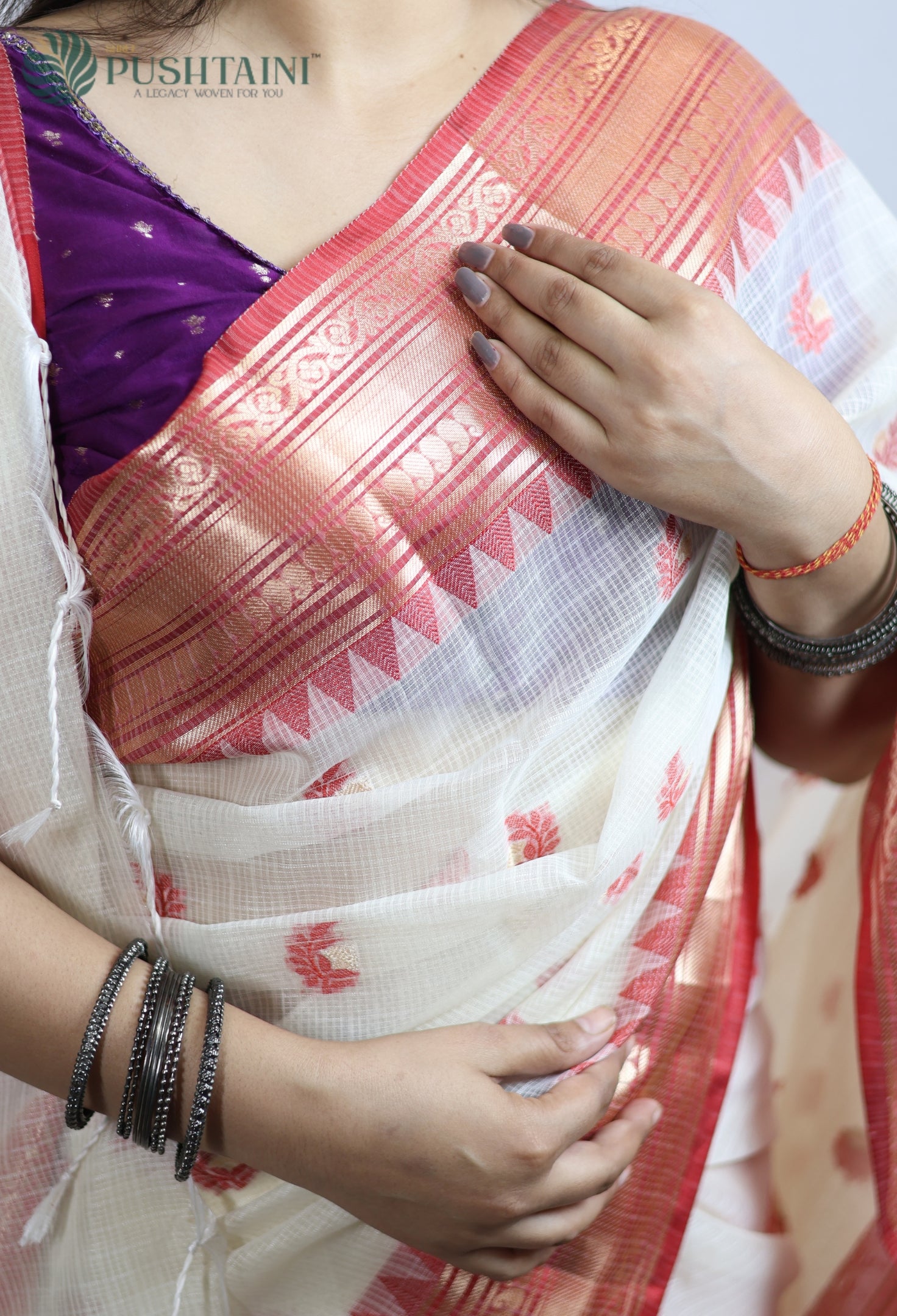 Full White Kota Doria Saree with Anchal Border work