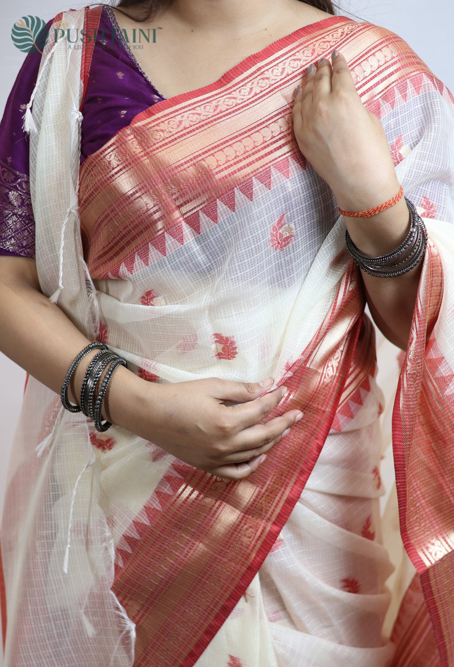 Full White Kota Doria Saree with Anchal Border work