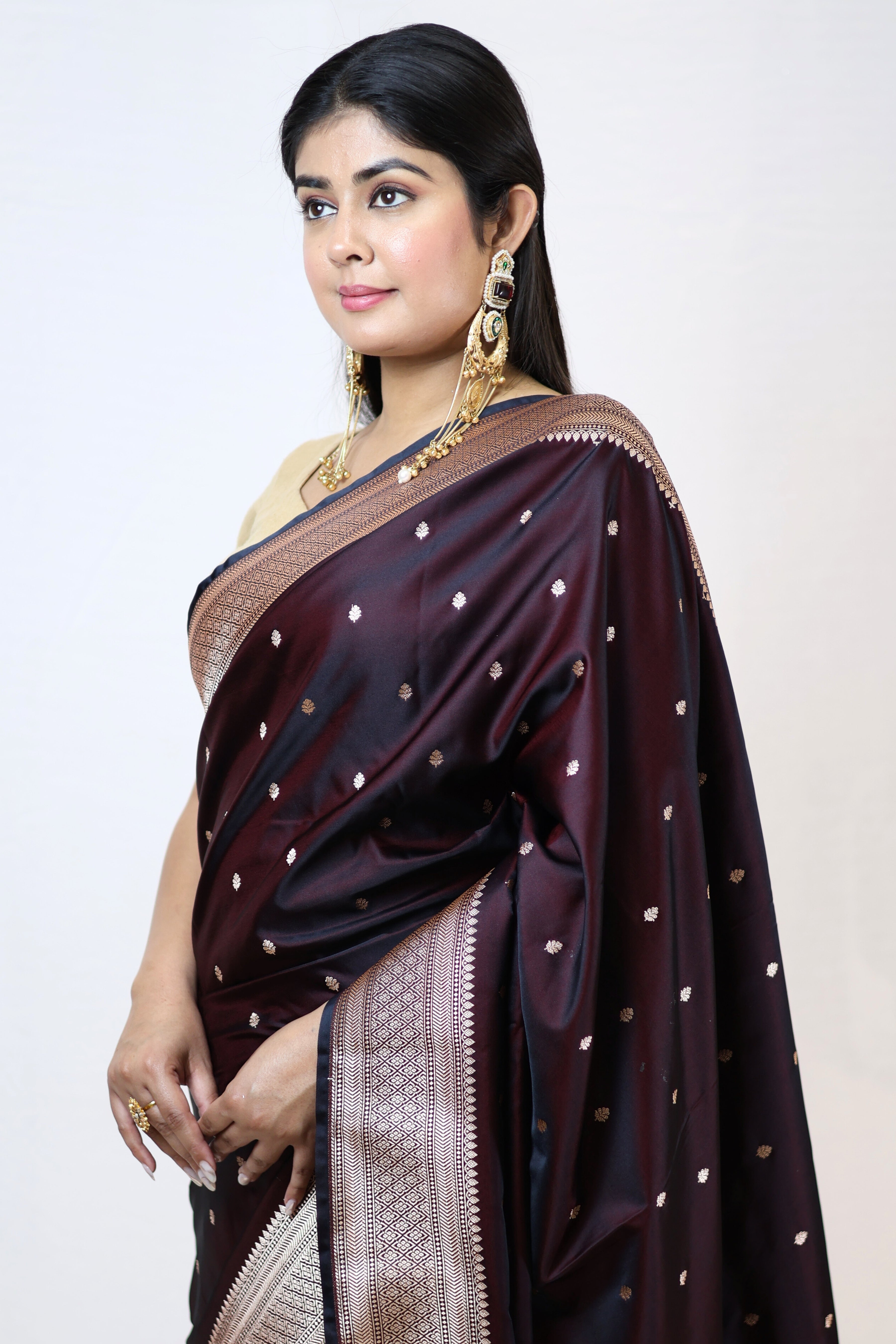 Luxury Black Mashru Silk Saree with Elegant Drape
