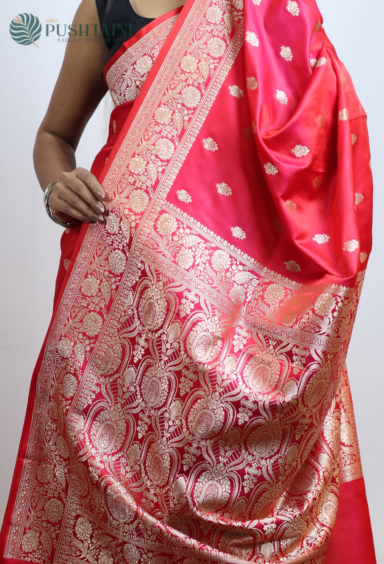 Red Semi Mashru Silk Saree with Allover Buti Zari work