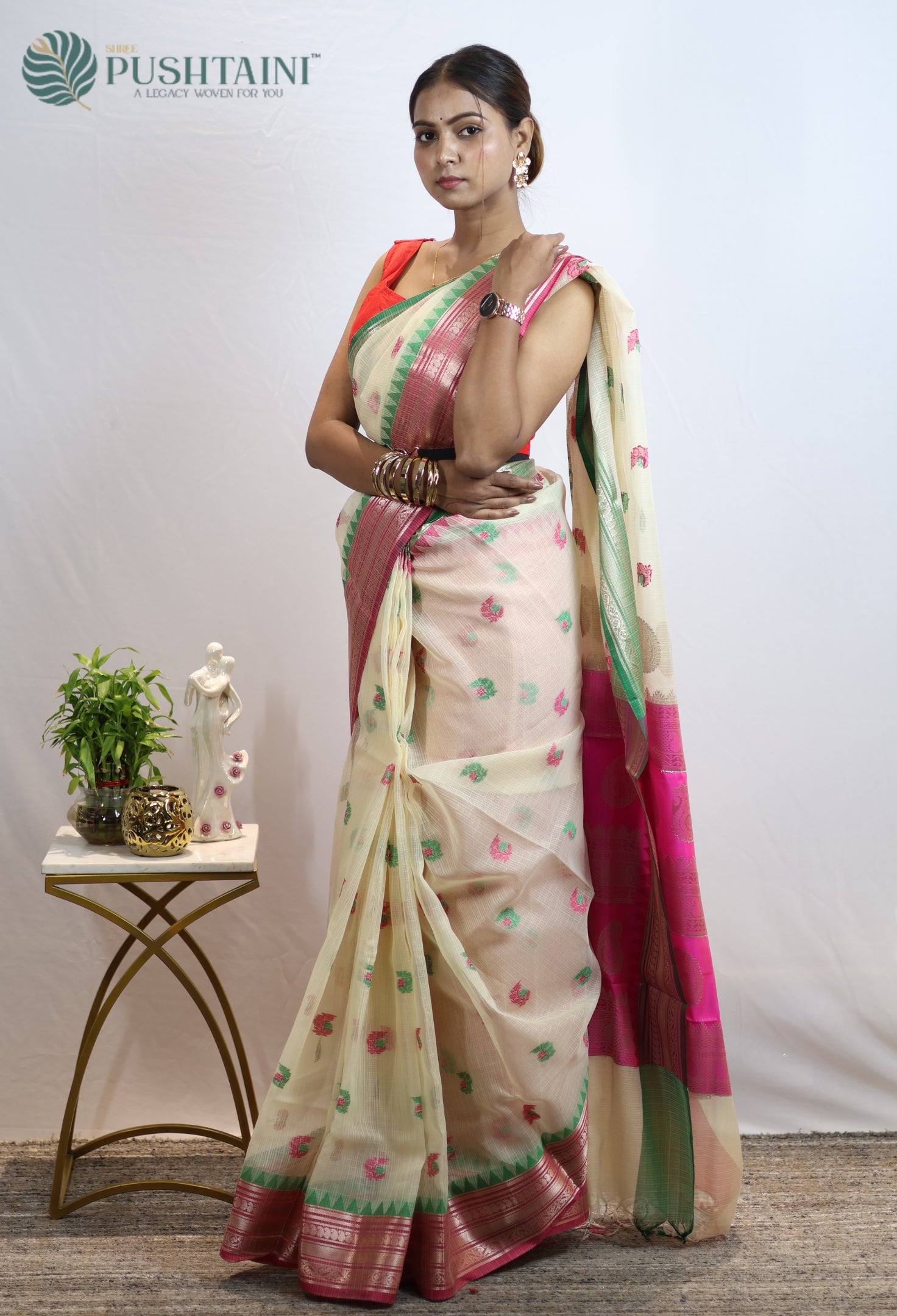 Cream White Kota Doria Saree with Anchal Border work