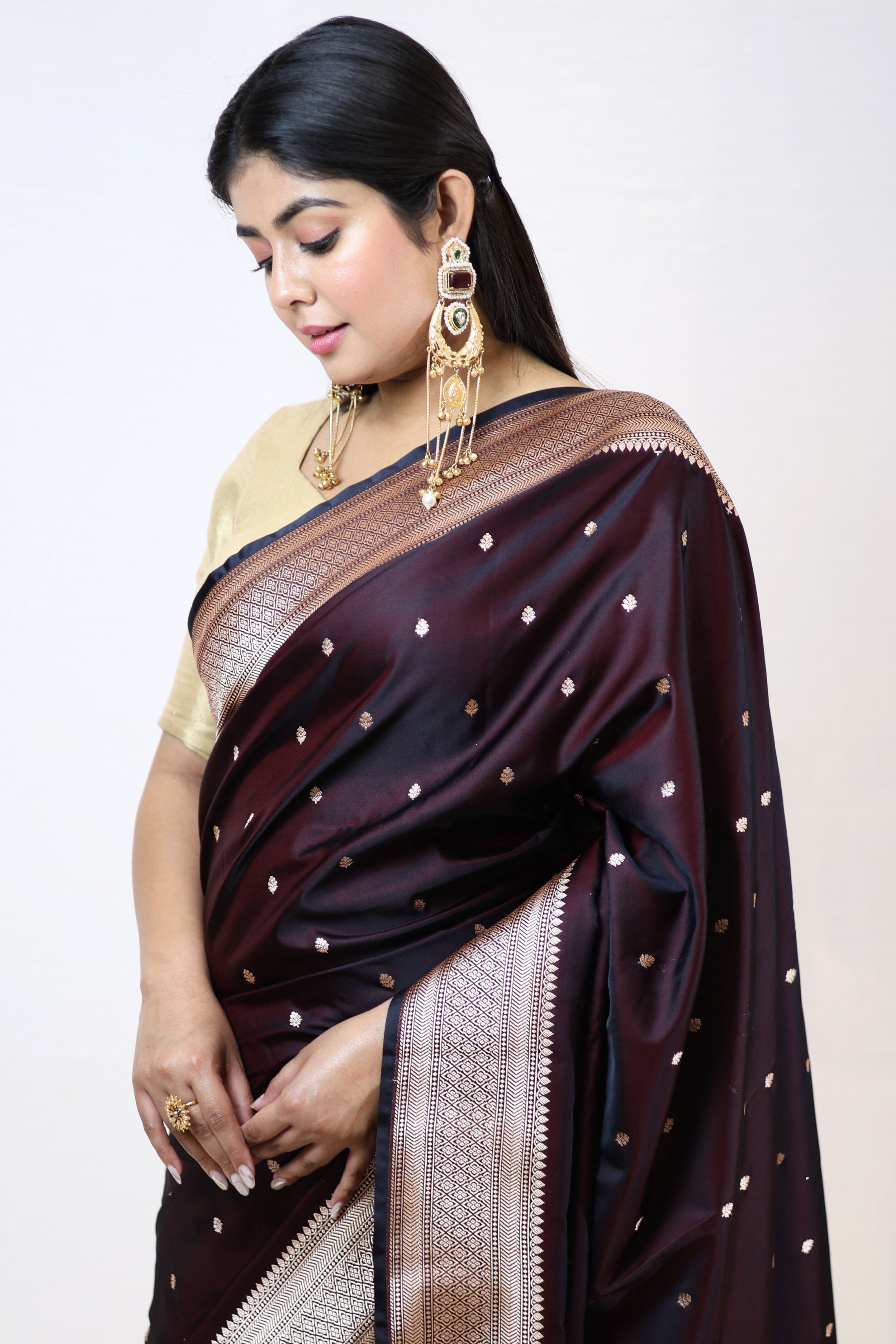 Luxury Black Mashru Silk Saree with Elegant Drape