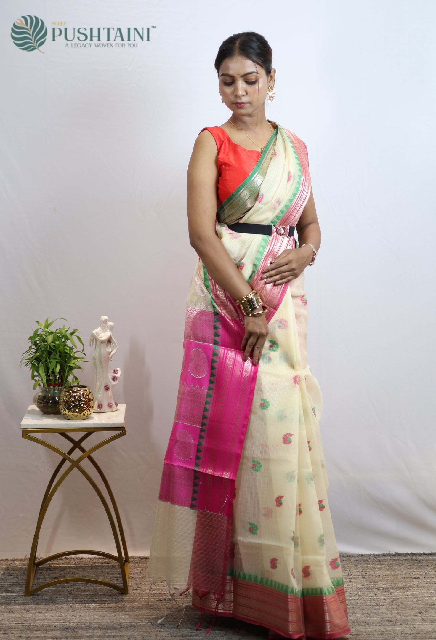 Cream White Kota Doria Saree with Anchal Border work