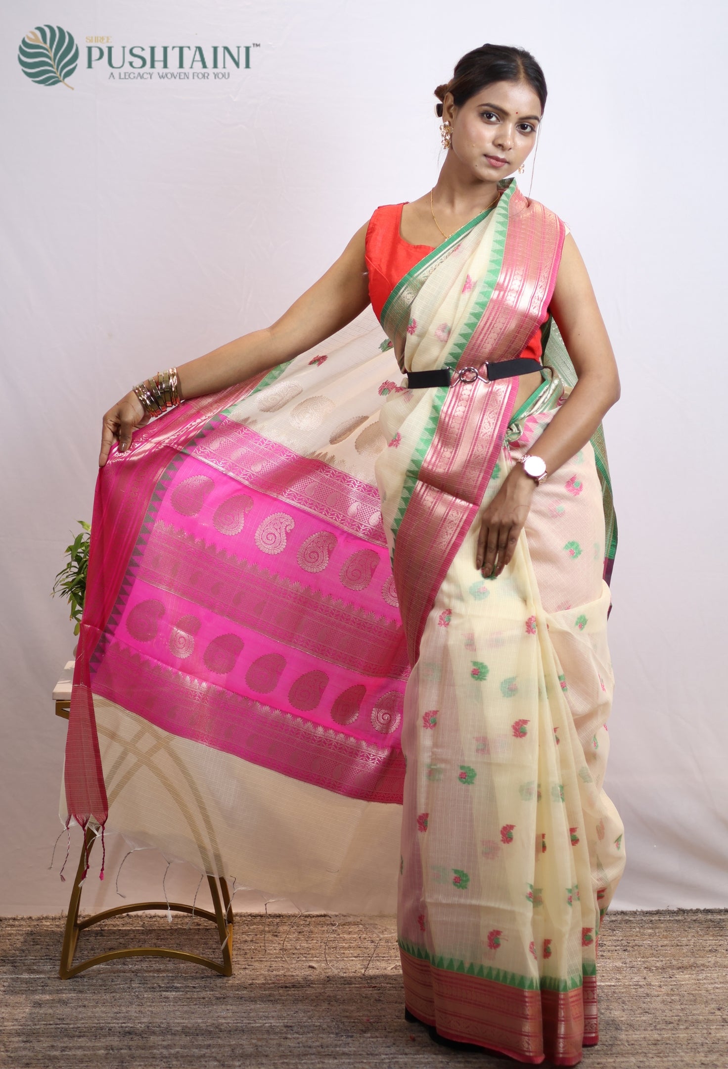Cream White Kota Doria Saree with Anchal Border work