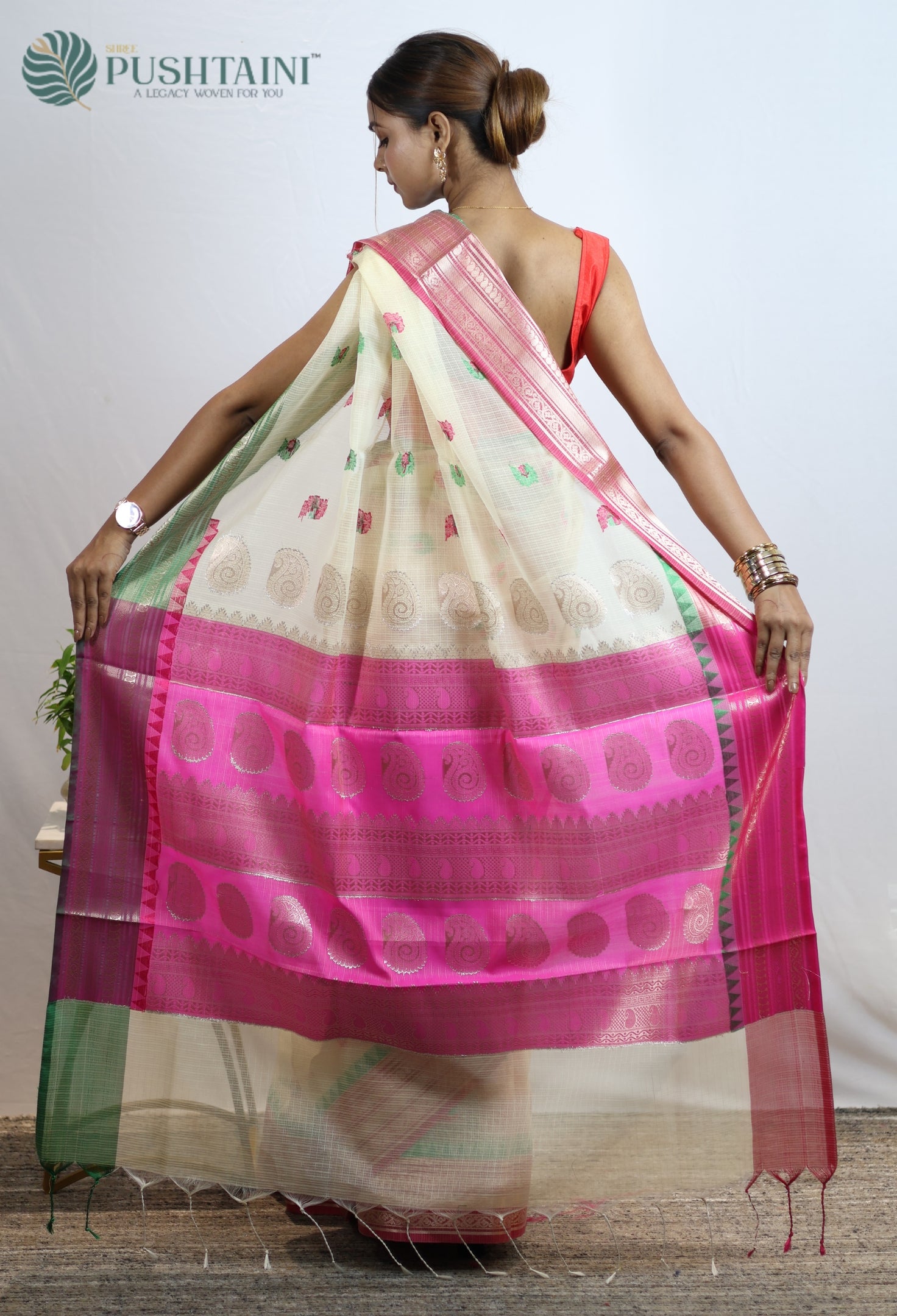 Cream White Kota Doria Saree with Anchal Border work