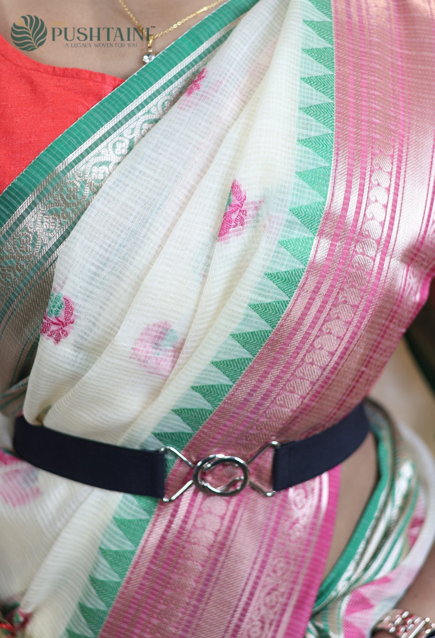 Cream White Kota Doria Saree with Anchal Border work