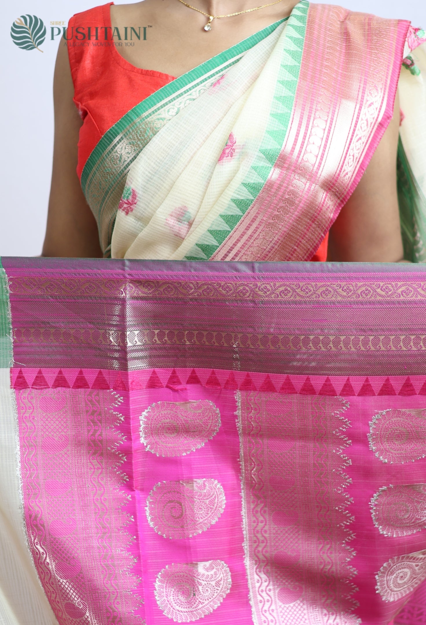 Cream White Kota Doria Saree with Anchal Border work