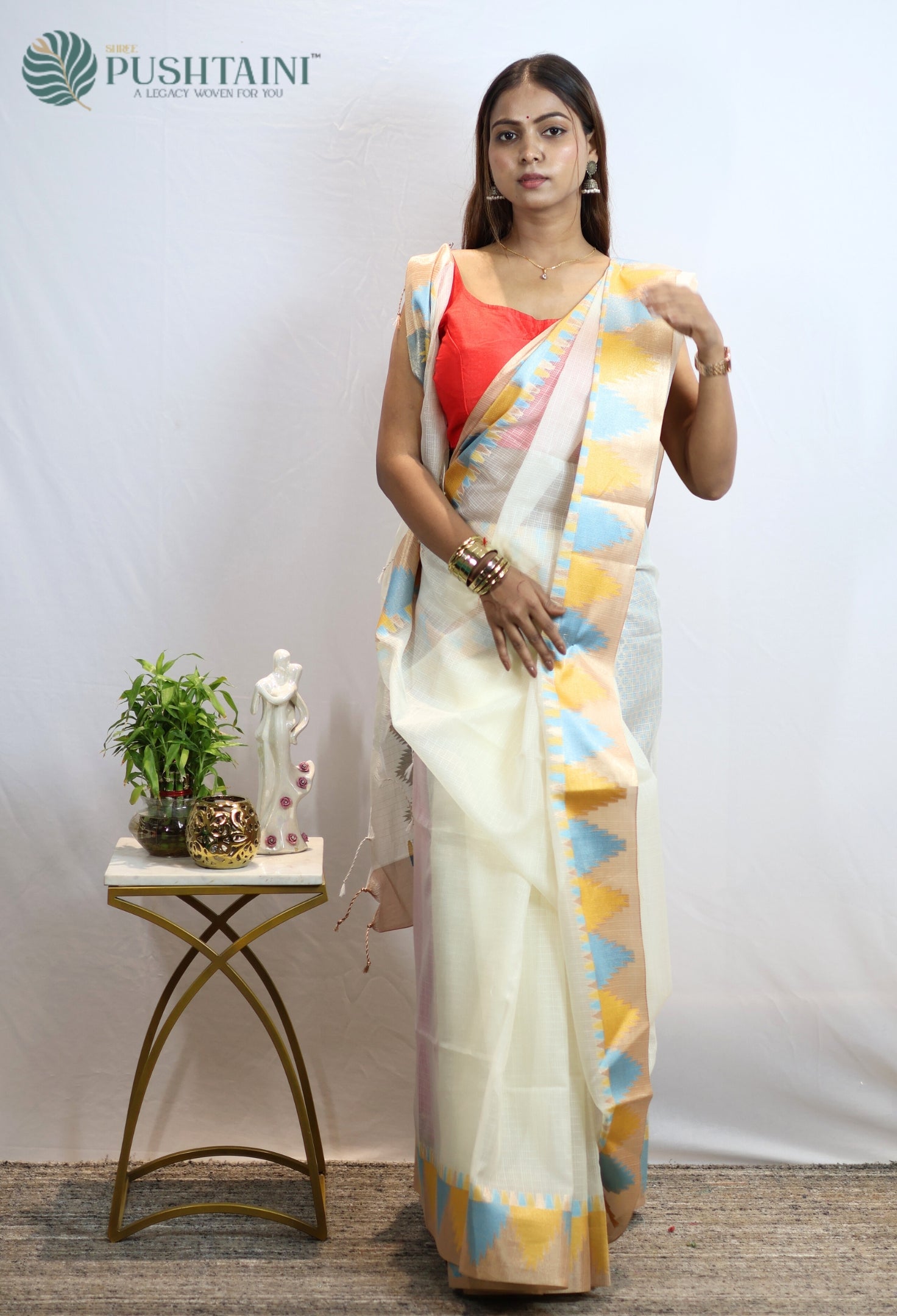 Off White Kota Doria Saree with Multi Anchal Border