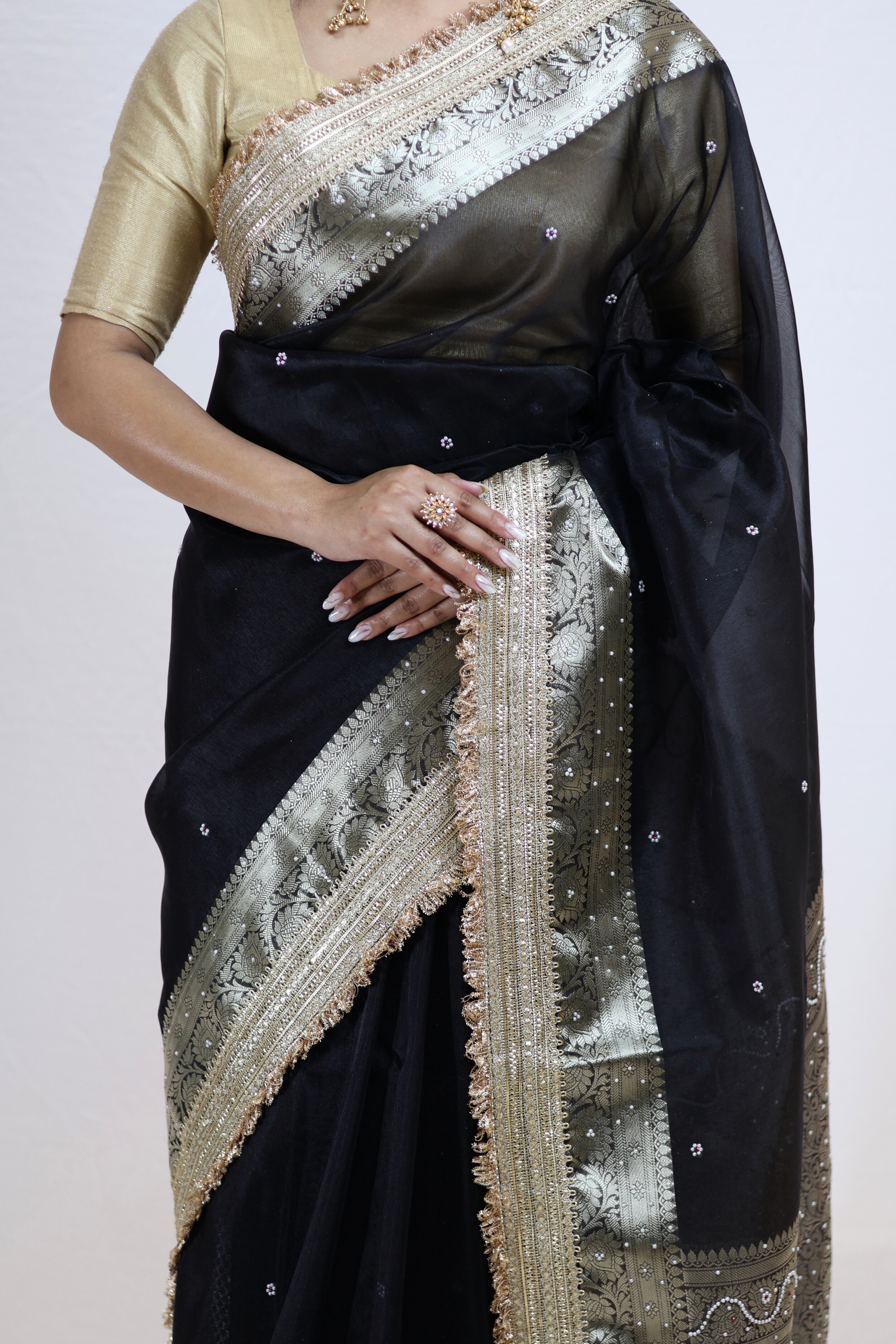 Premium Black Tissue Silk Saree with Stone Work & Double Lace