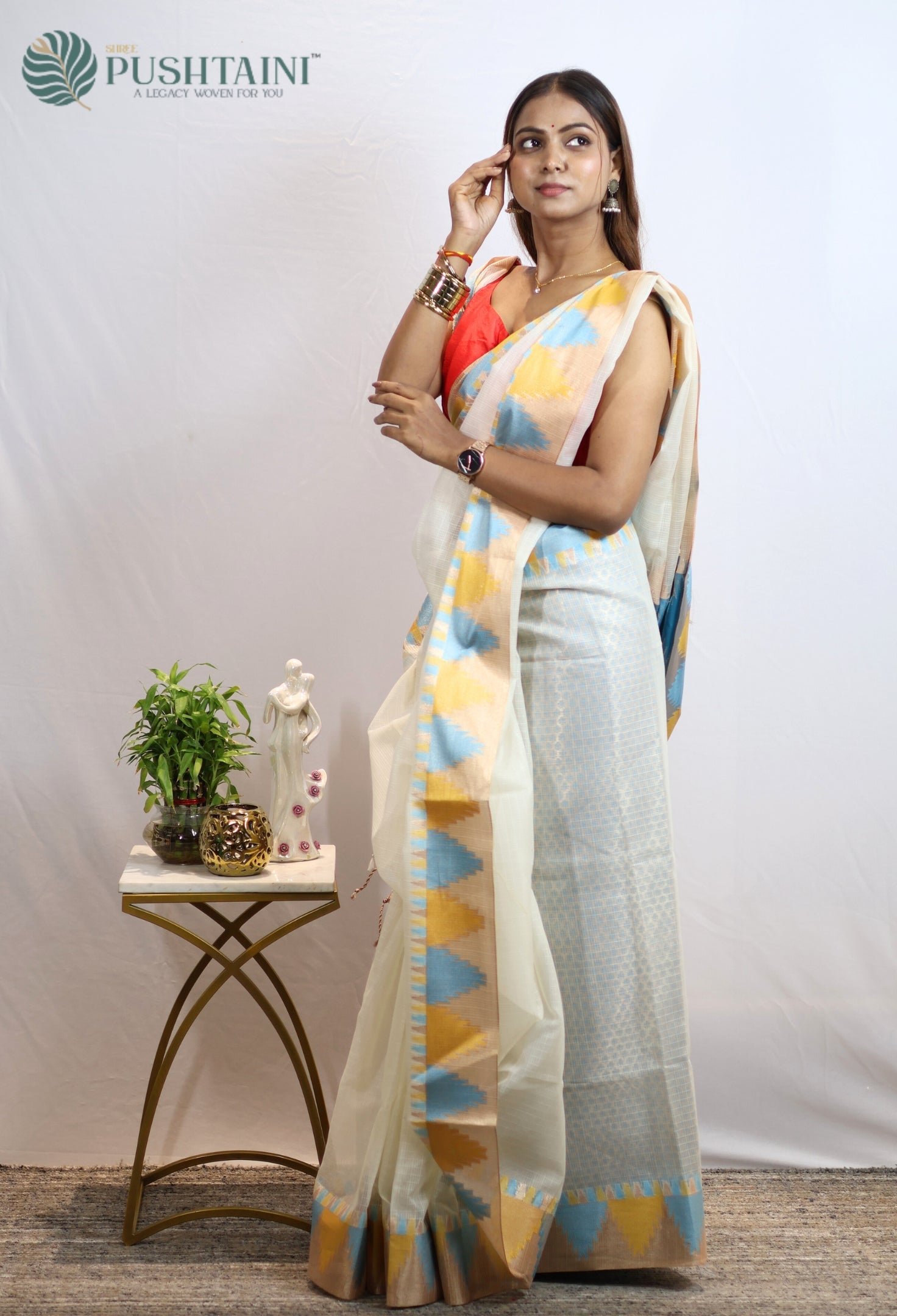 Off White Kota Doria Saree with Multi Anchal Border