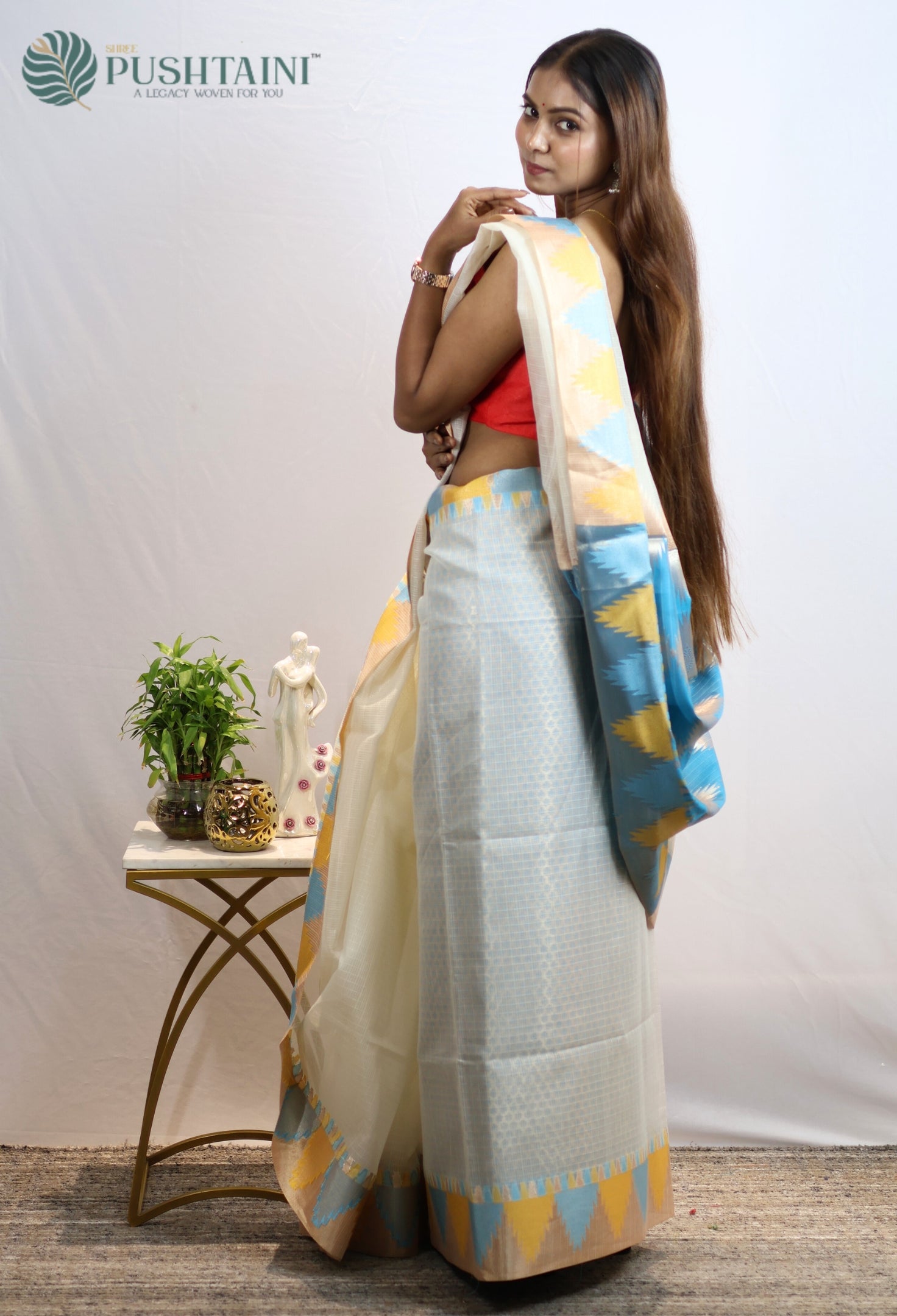 Off White Kota Doria Saree with Multi Anchal Border