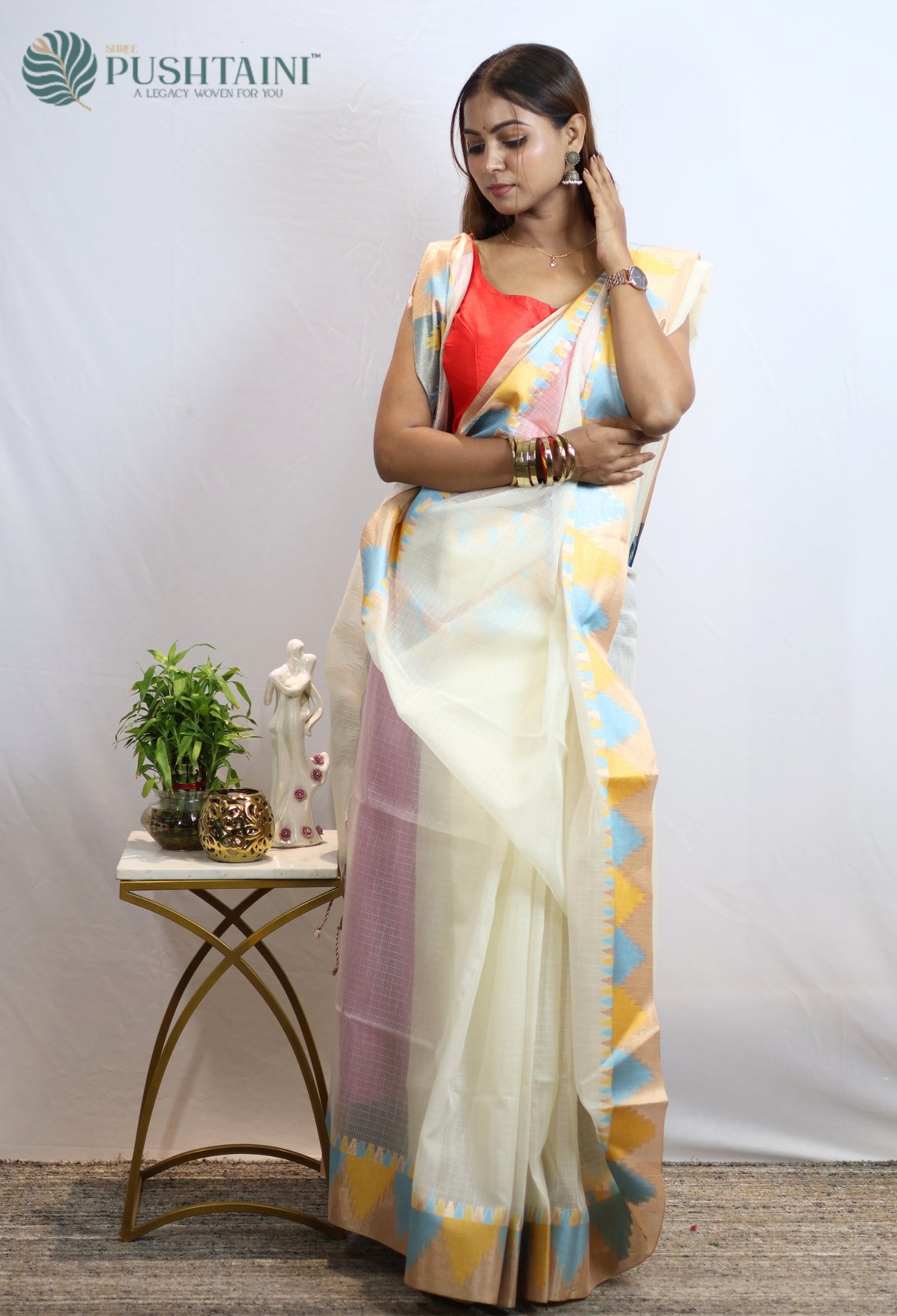 Off White Kota Doria Saree with Multi Anchal Border