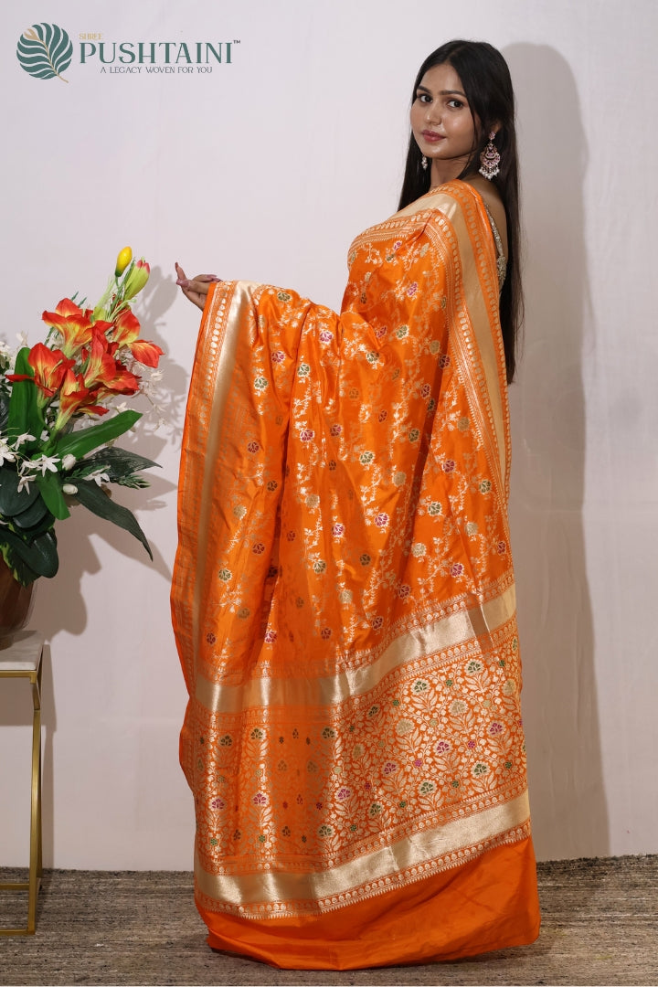Radiant Orange Banarasi Pure Katan Silk Saree with Meenakari Work