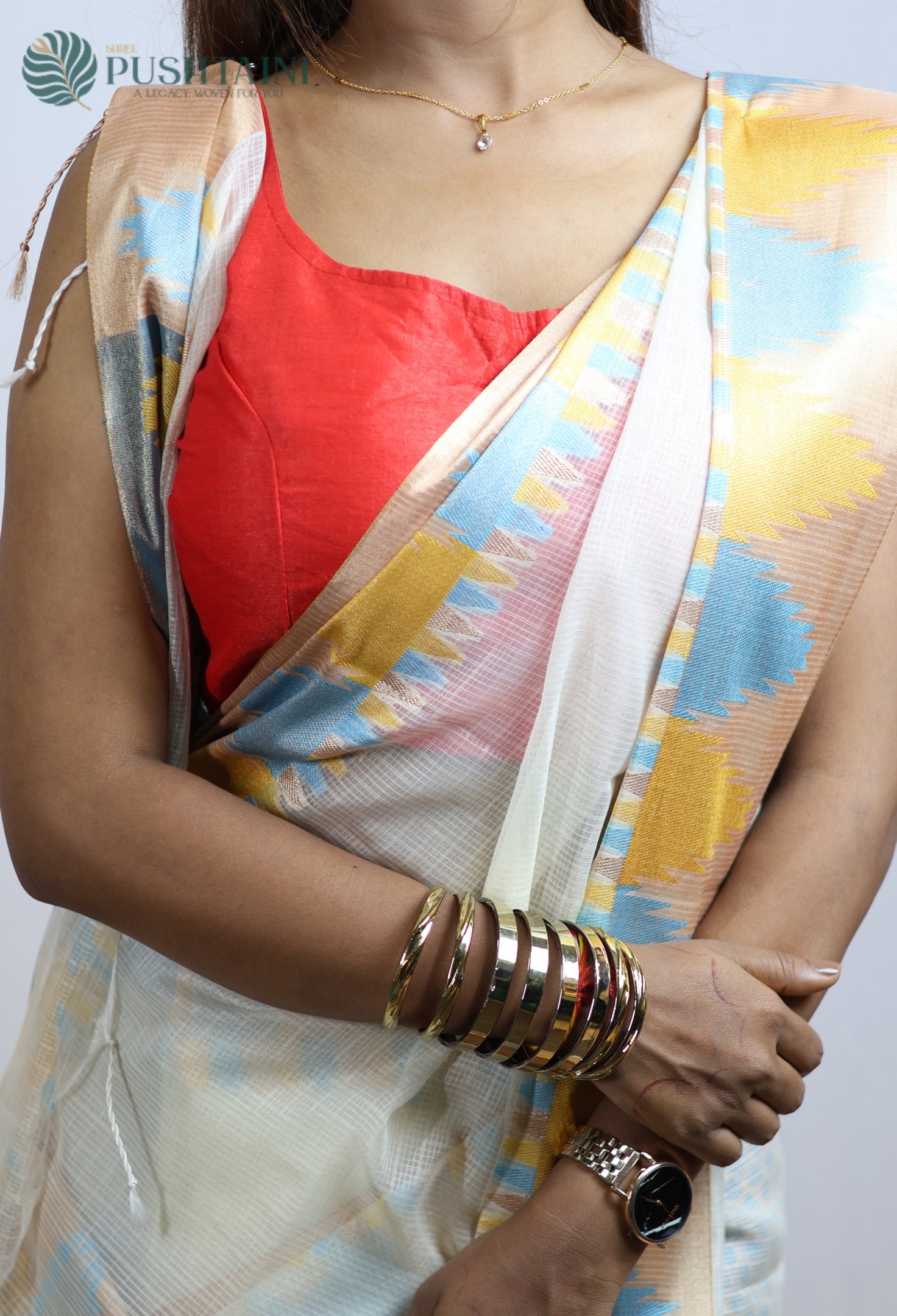 Off White Kota Doria Saree with Multi Anchal Border