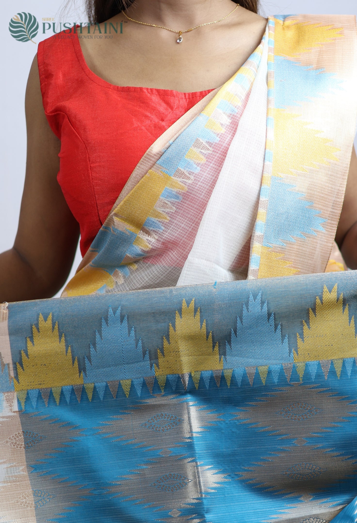 Off White Kota Doria Saree with Multi Anchal Border