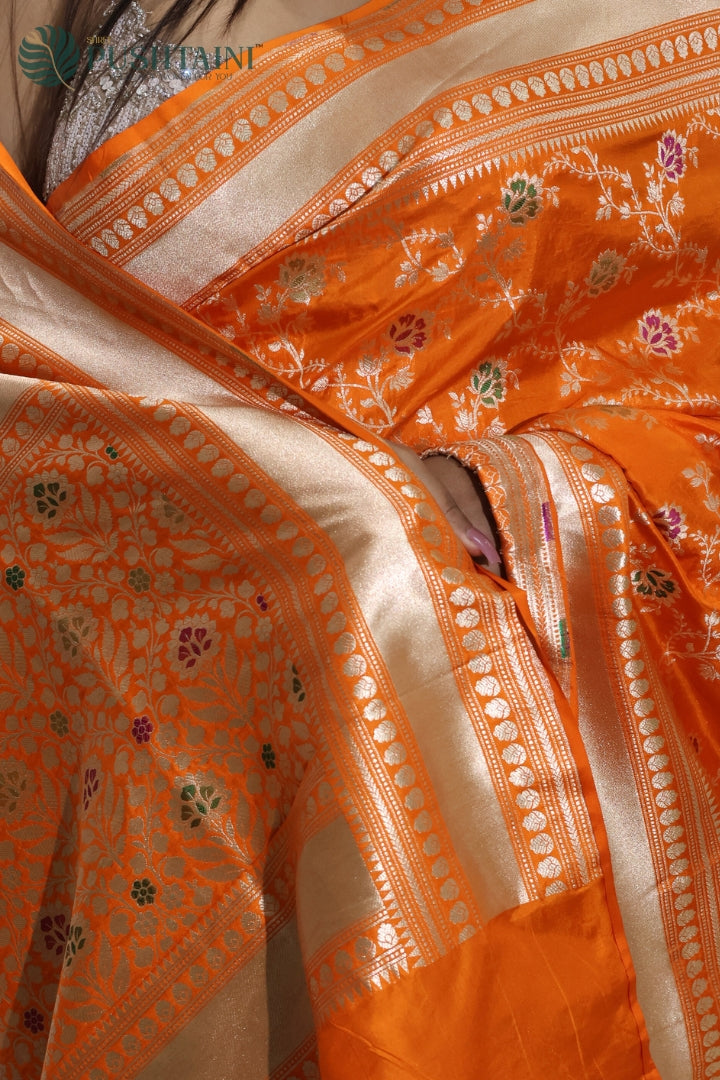 Radiant Orange Banarasi Pure Katan Silk Saree with Meenakari Work