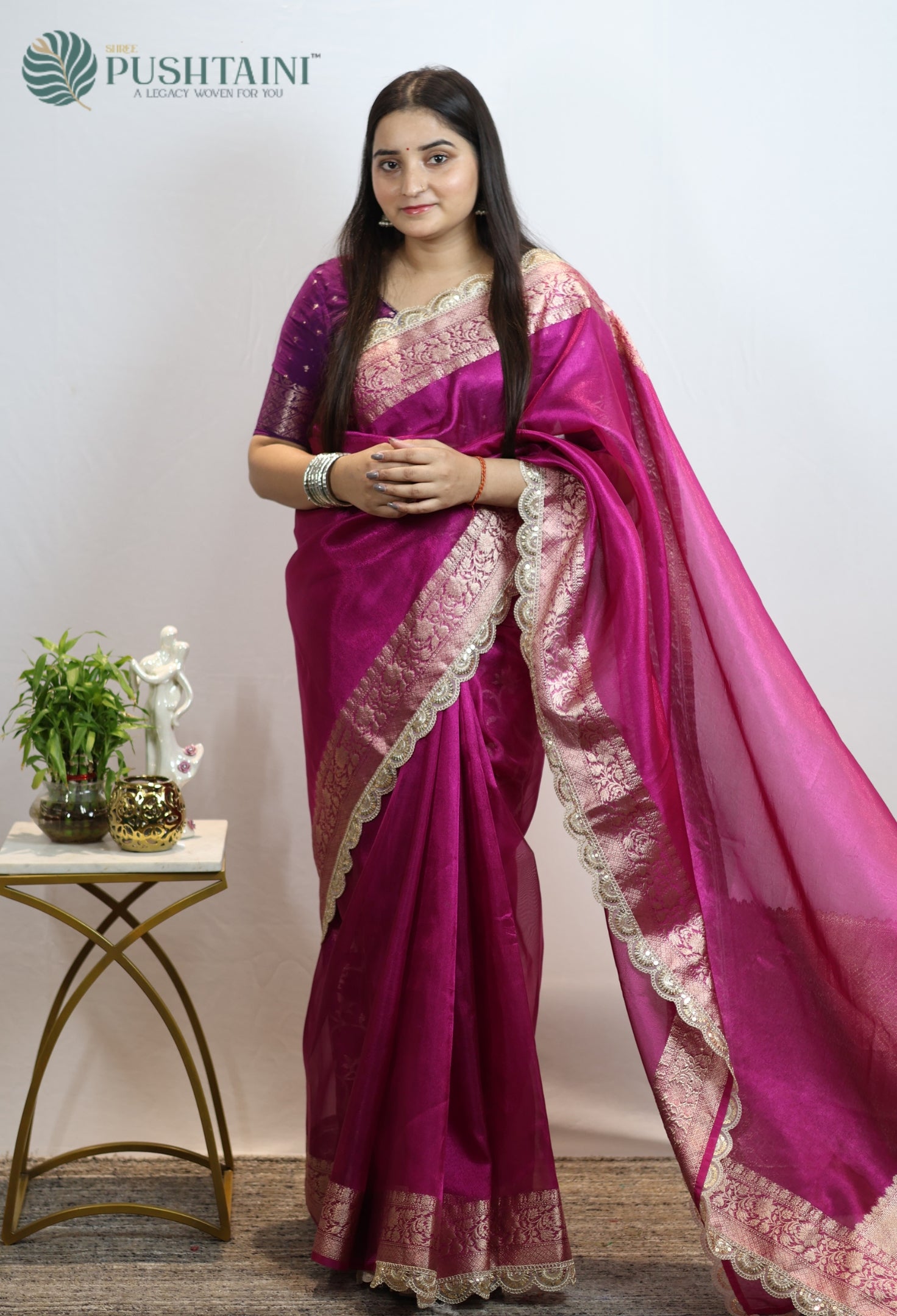 Rani Pink Dyeable Tissue Silk Saree with Lace Work