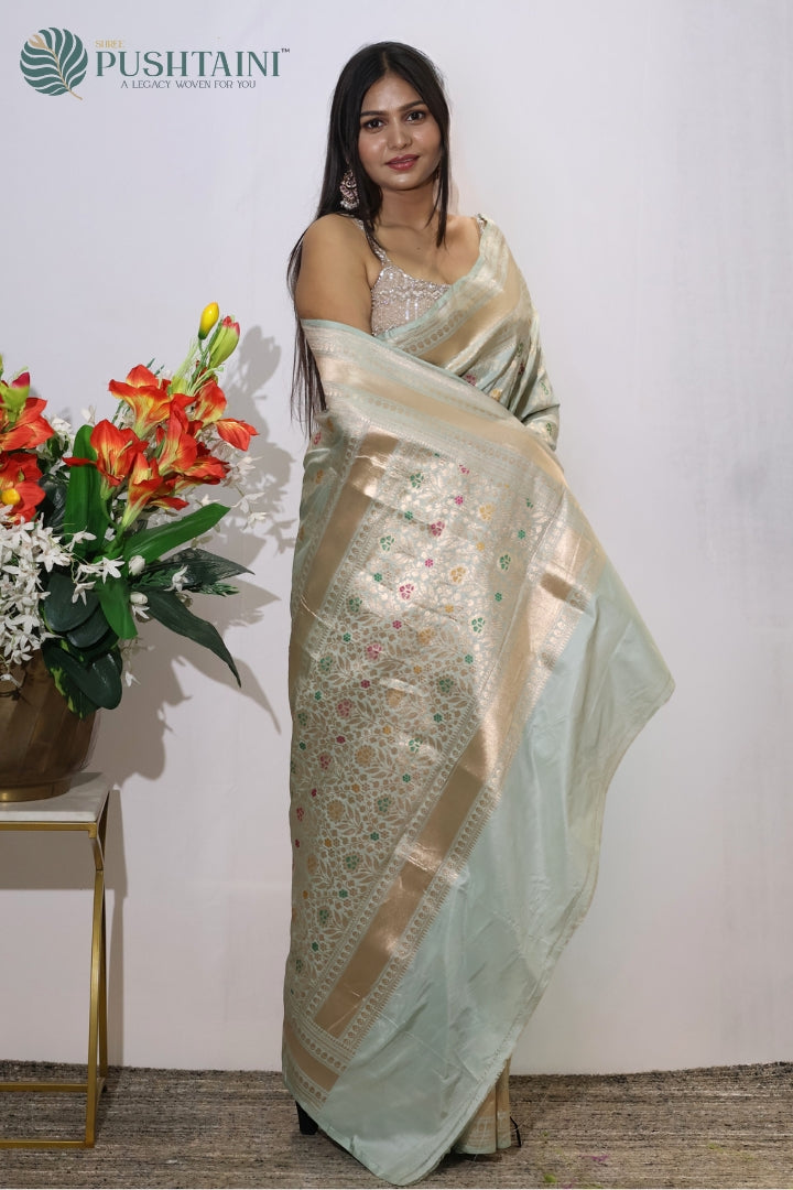 Elegant Light Grey Banarasi Pure Katan Silk Saree with Meenakari Work