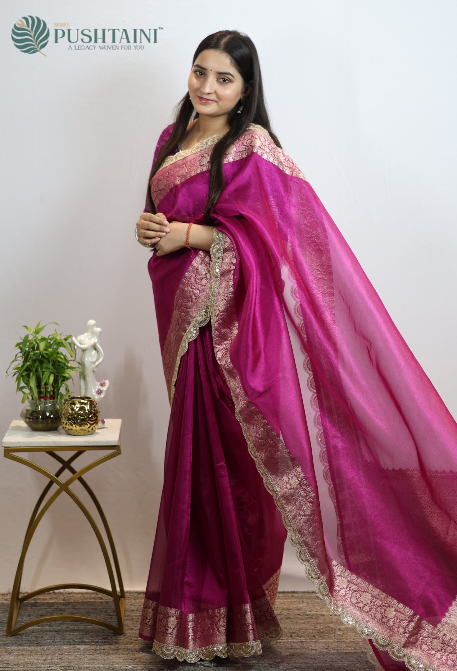 Rani Pink Dyeable Tissue Silk Saree with Lace Work